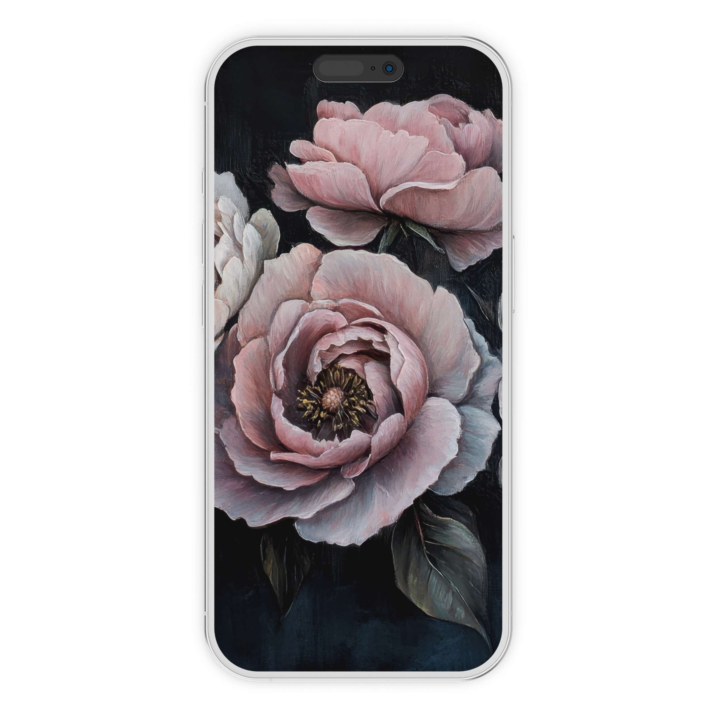 Elegant floral iPhone wallpaper digital download with soft pink peonies on a dark phone background offers calming beauty and versatility