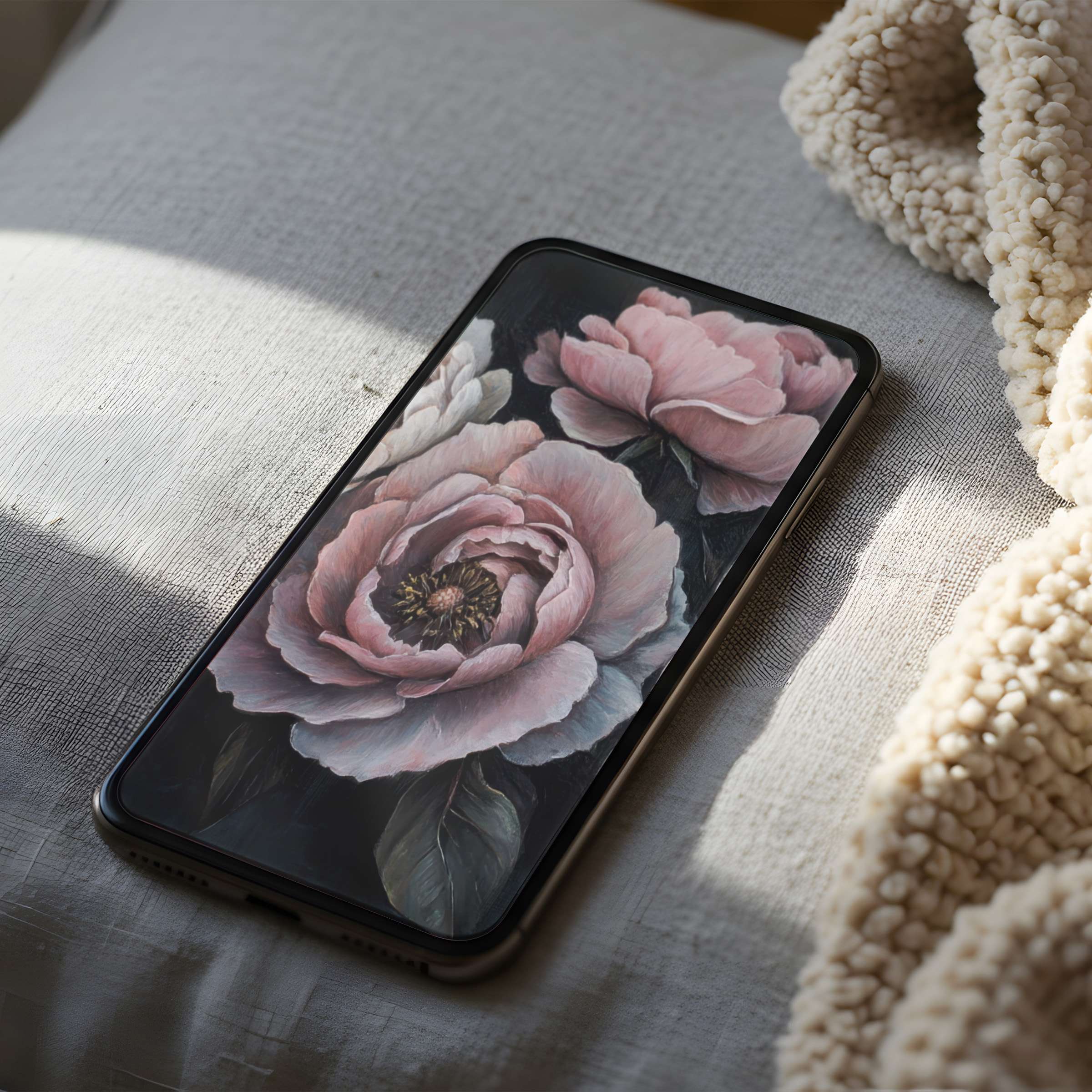 Elegant floral phone wallpaper featuring soft pink peonies on a cozy linen backdrop curated for high-resolution iPhone and Android screens