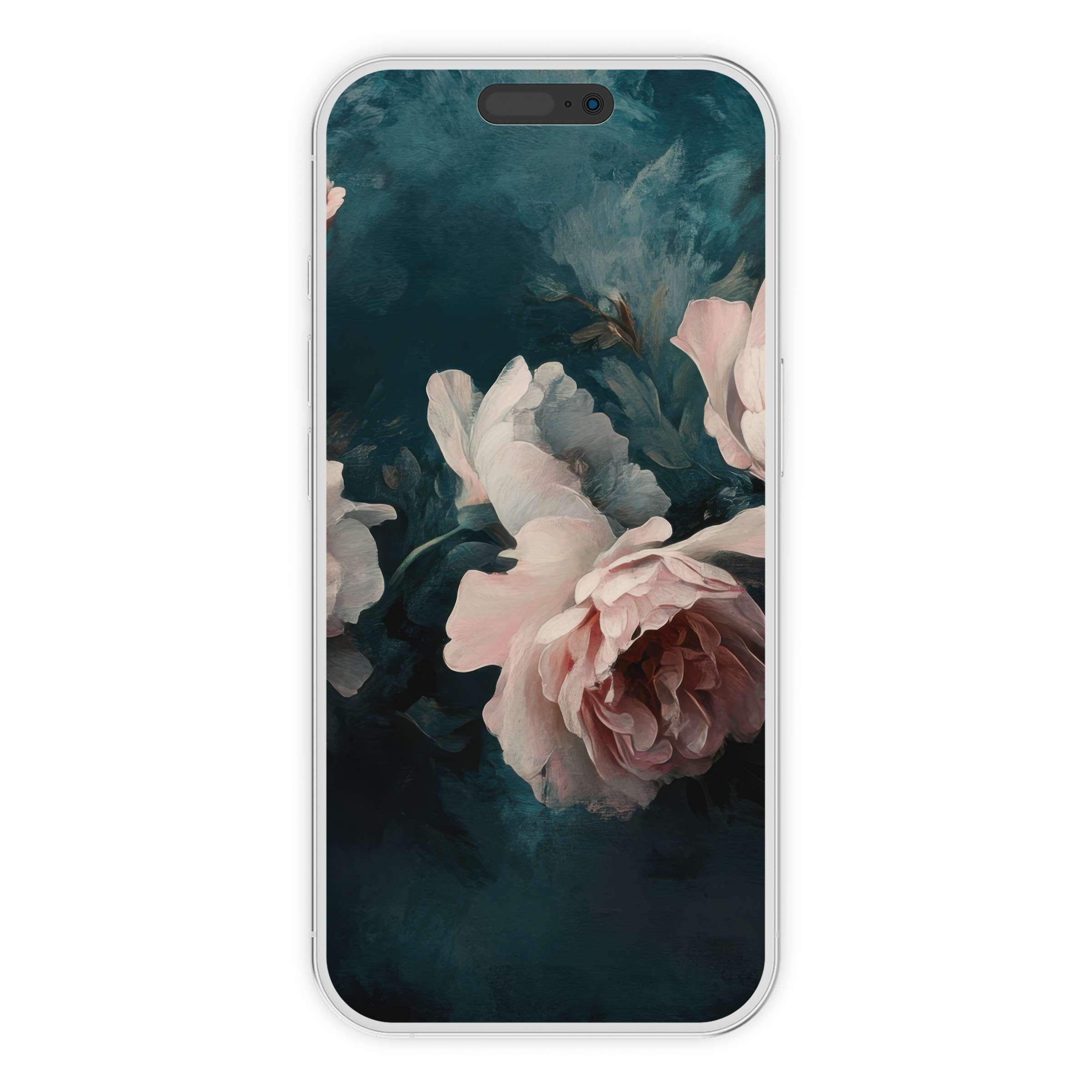 Elegant floral iPhone wallpaper in soft pink hues against a deep teal background, perfect for serene phone screens; available as digital download