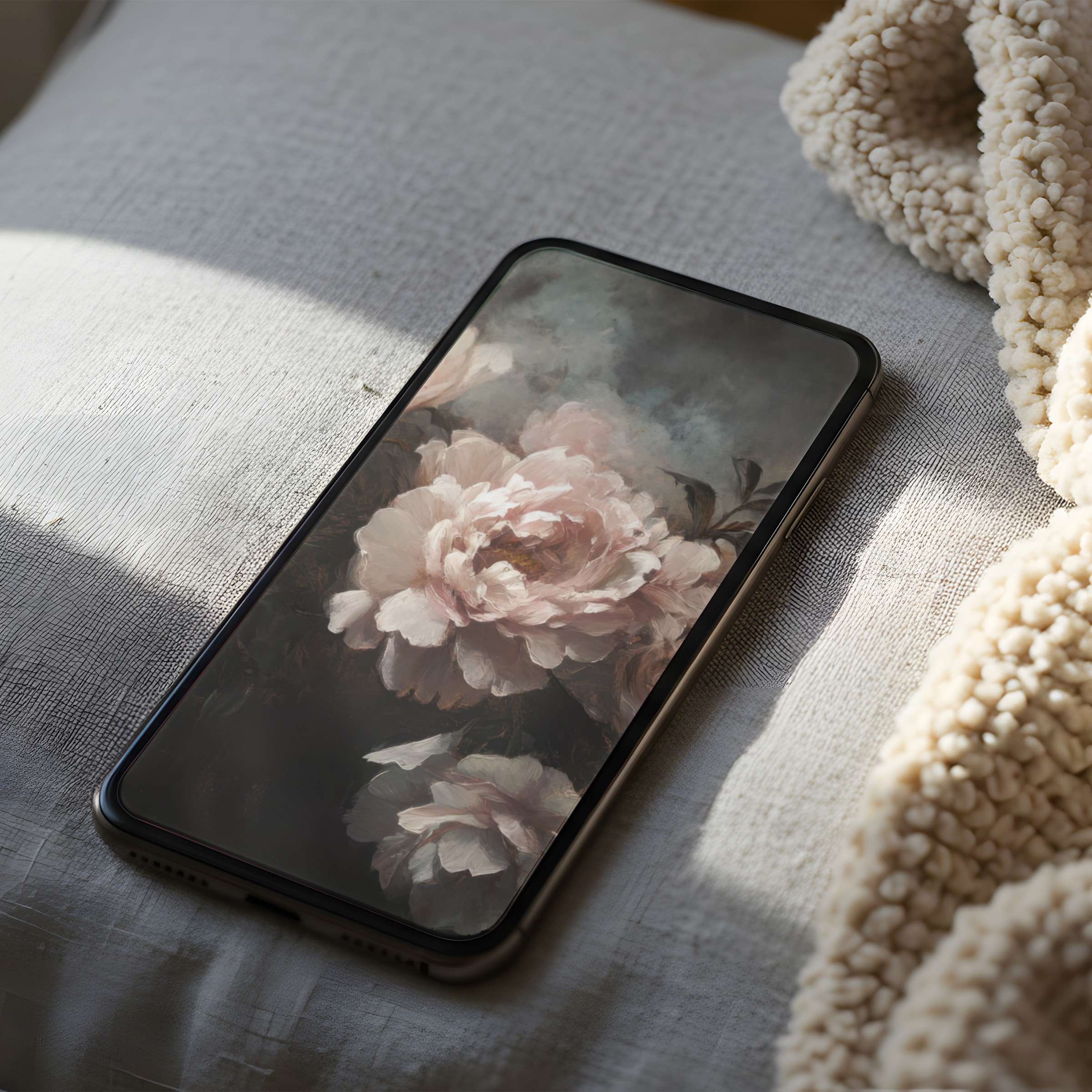Elegant floral phone wallpaper with soft pastel tones, perfect for iPhone and Android digital download, enhancing serene interiors