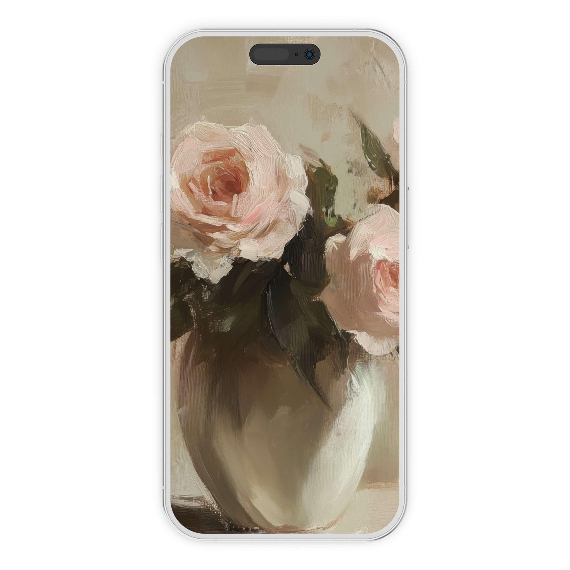 Elegant floral iPhone wallpaper featuring soft pink roses in a vase, this serene digital download offers a calming phone background