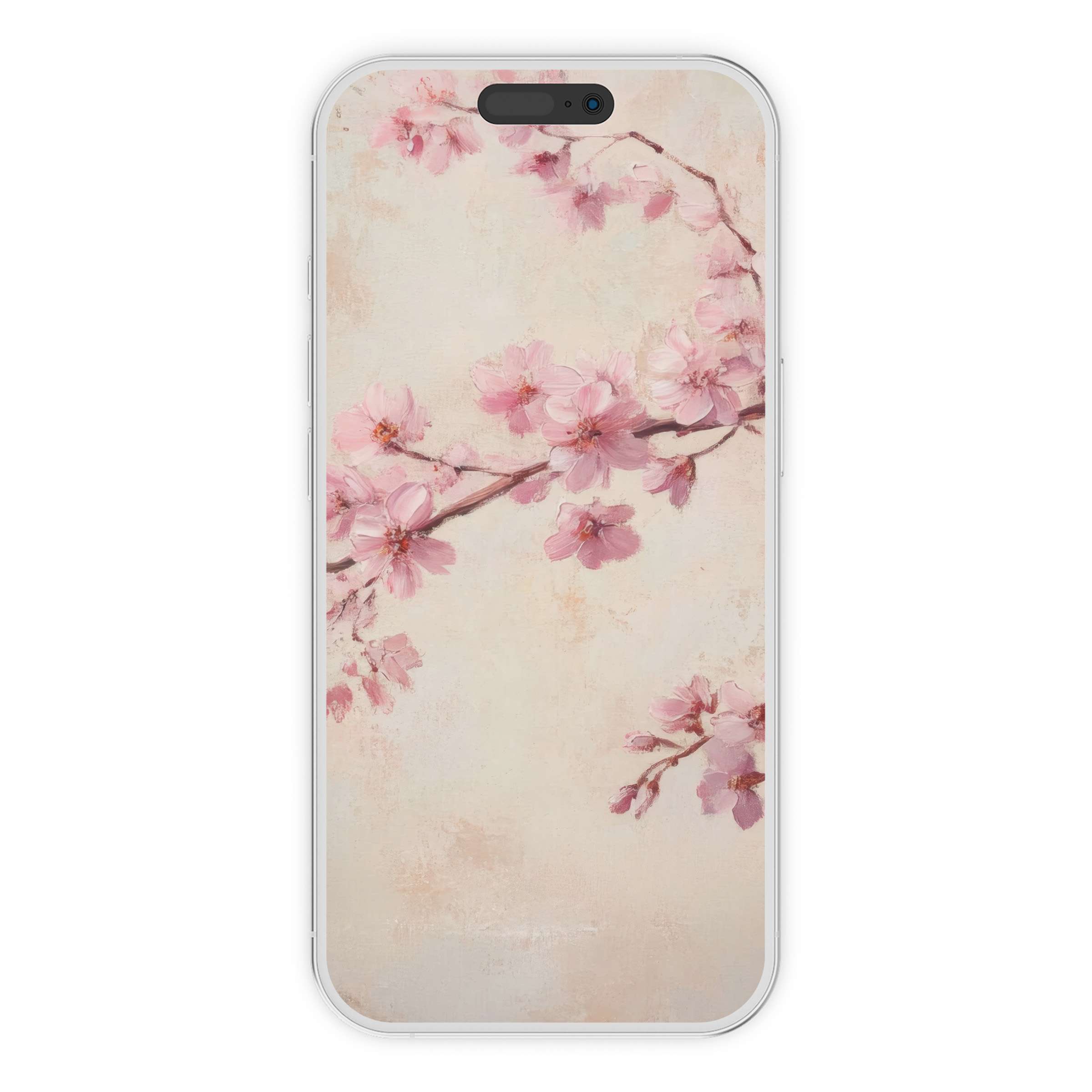 Elegant floral iPhone wallpaper featuring soft pink blossoms on a textured background, a digital download for serene phone aesthetics