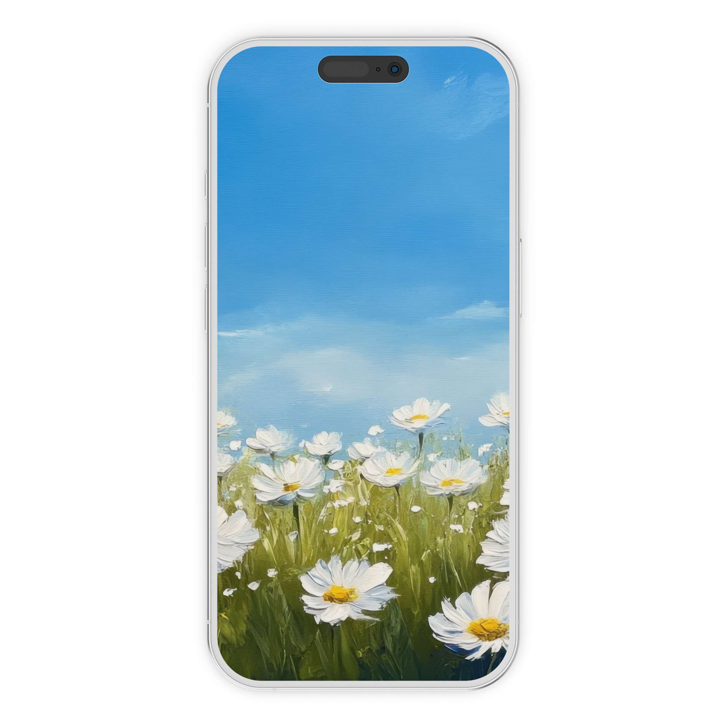 Floral iPhone wallpaper showcasing serene daisy field and blue sky, a digital download creating a calming phone background for Android too