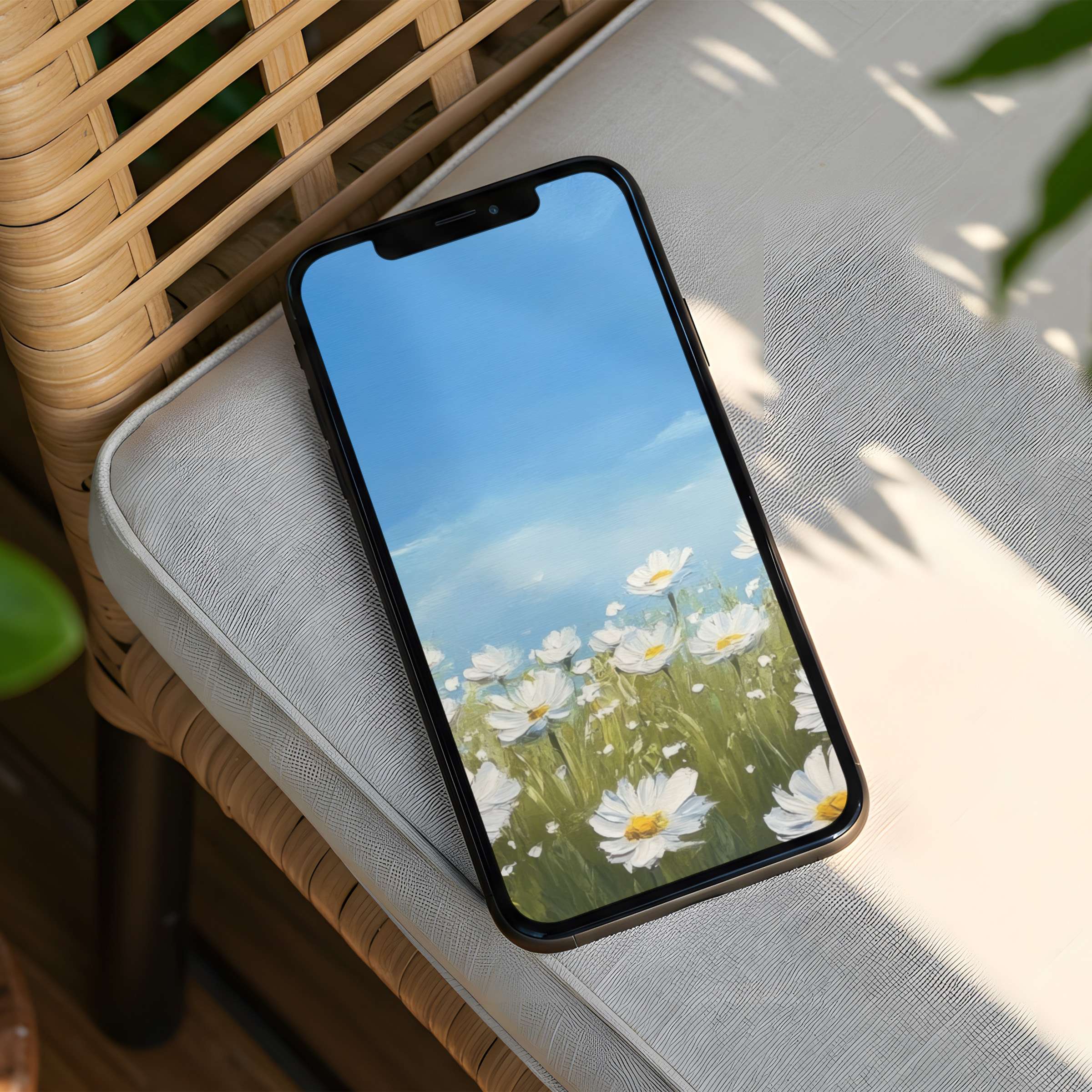 Serene floral iPhone background with daisies against a blue sky, perfect for instant download on any phone inspiring calm mindfulness