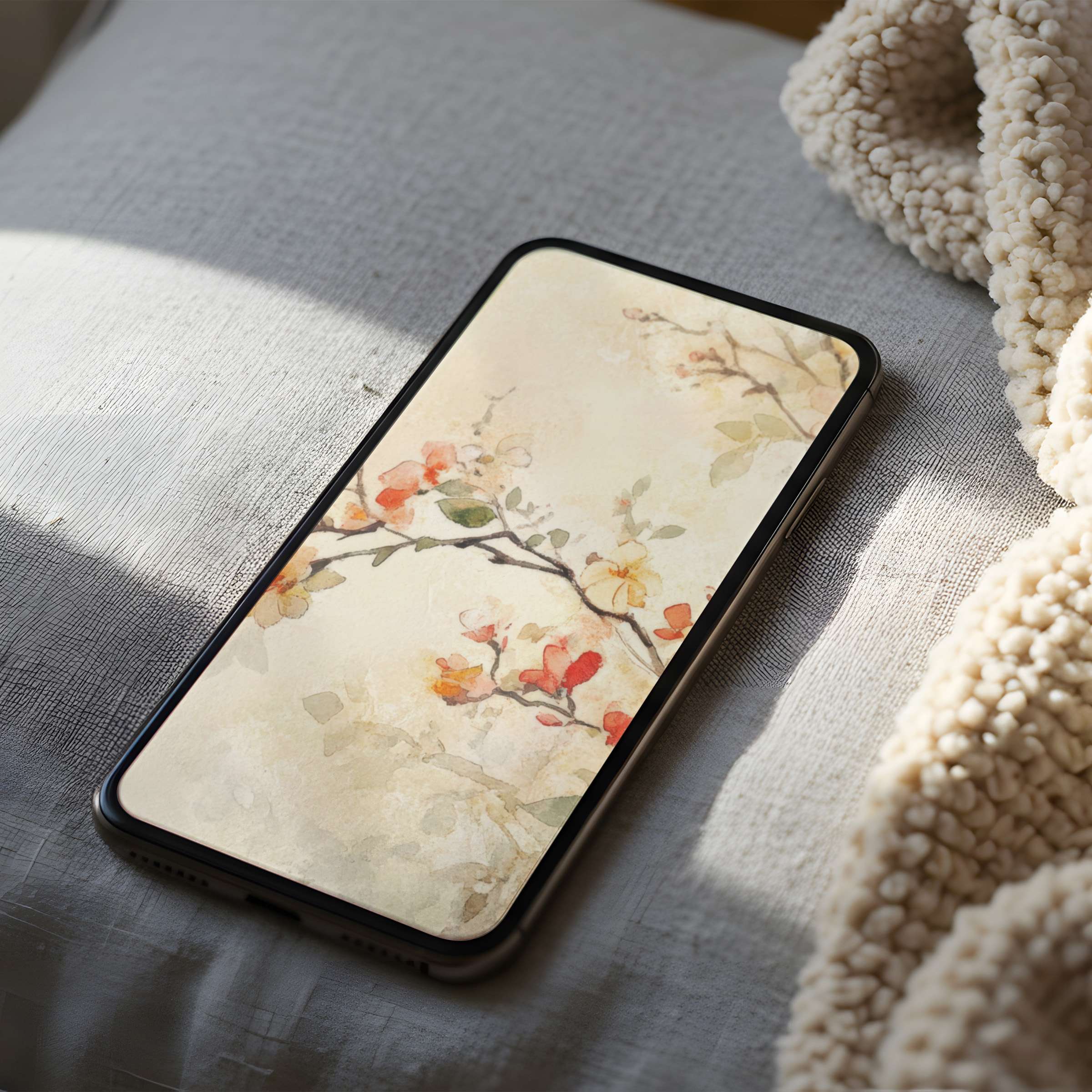 Elegant floral phone wallpaper with soft peach and cream hues, offering a high-resolution digital download for iPhone and Android devices