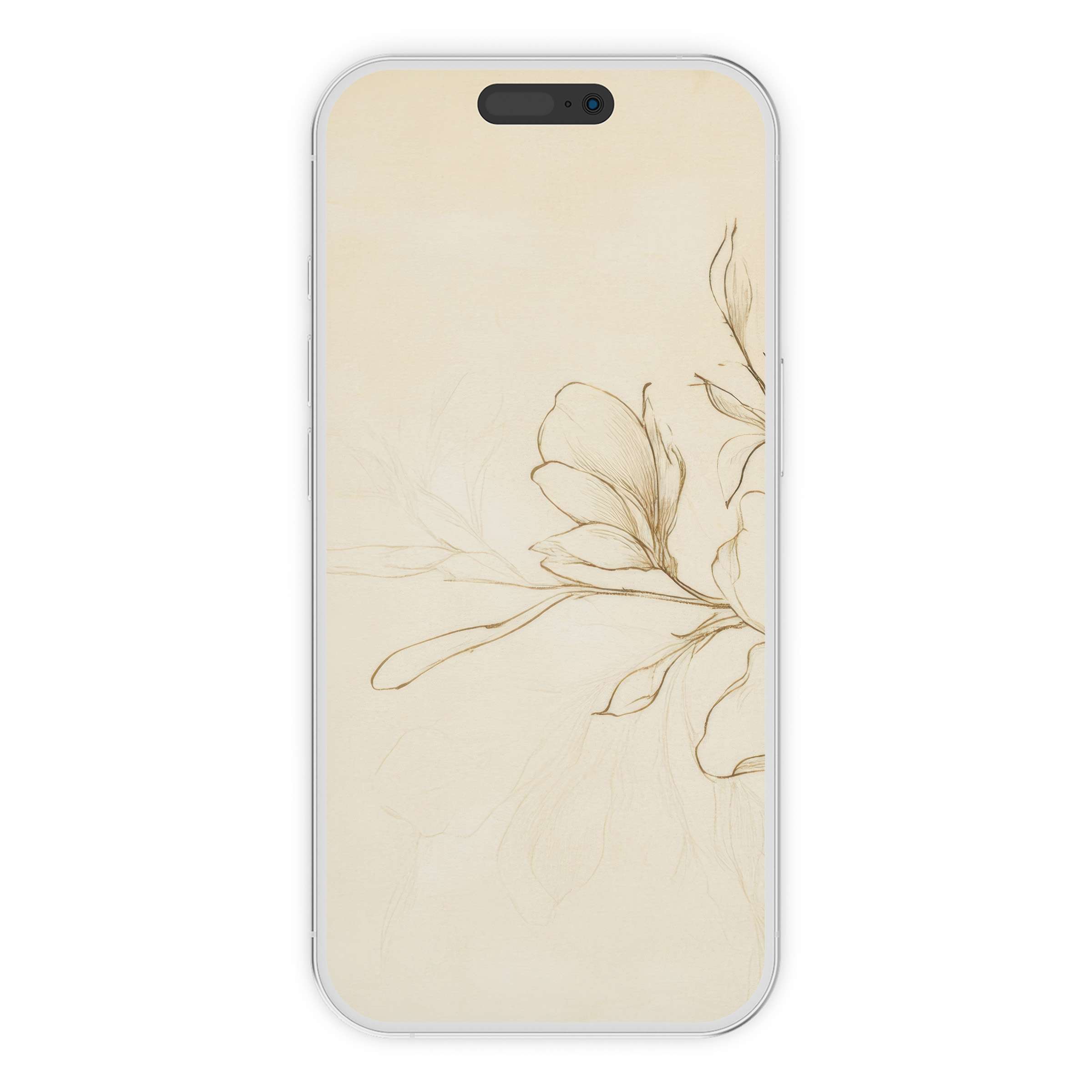 Elegant floral iPhone wallpaper featuring delicate sepia sketches on a cream background for serene digital download phone art