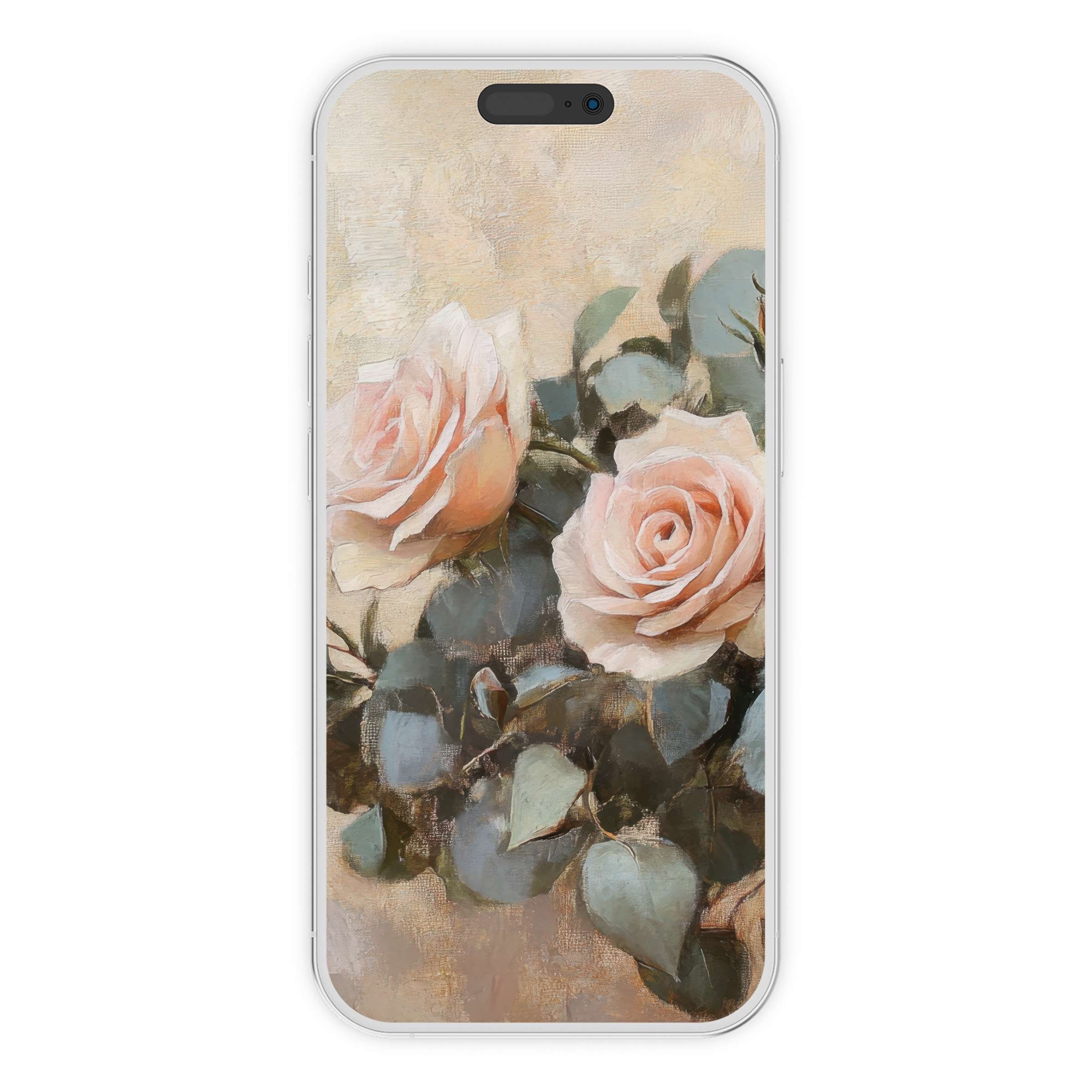 Elegant floral iPhone wallpaper with pink roses on a textured canvas background perfect for phone use and digital download