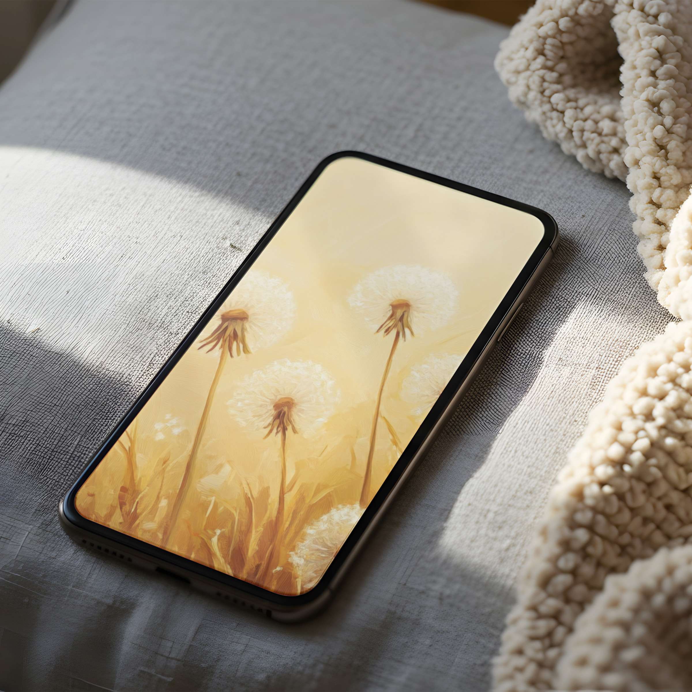 Elegant high-resolution phone wallpaper with serene dandelions in soft golden hues perfect for iPhone and Android digital downloads