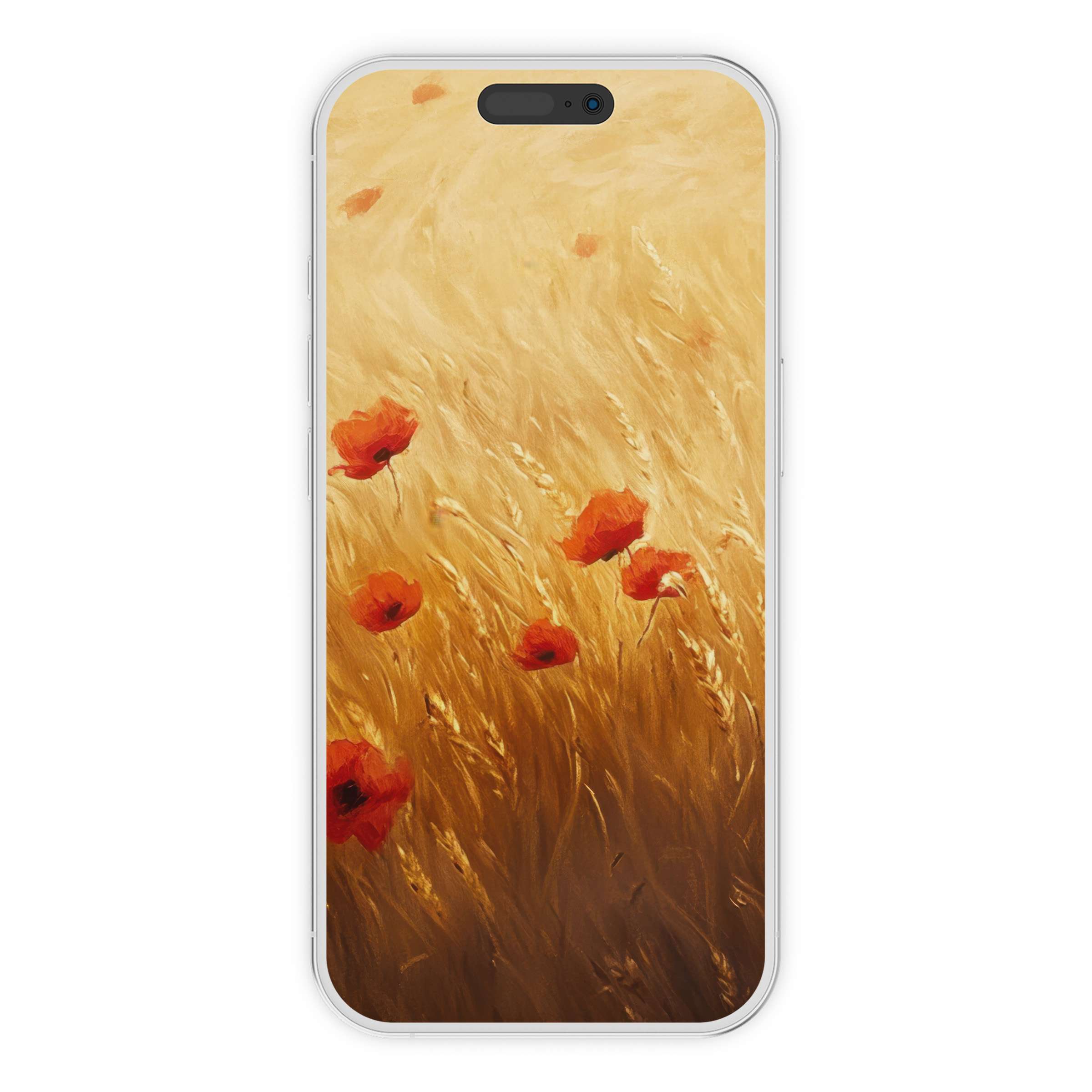 Golden wheat field with red poppies creates a serene floral iPhone wallpaper digital download for a calming phone background