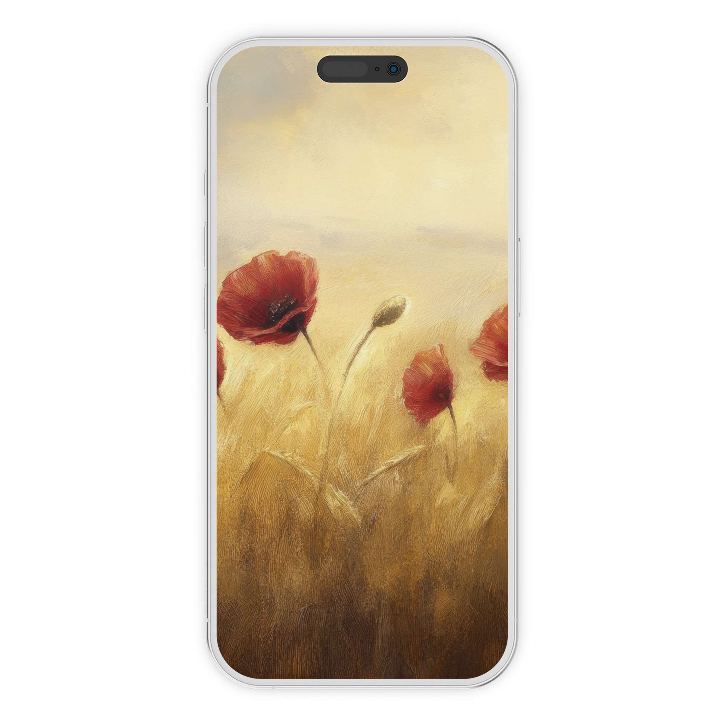 Warm floral iPhone wallpaper with red poppies in golden hues offers a serene digital download background for any phone