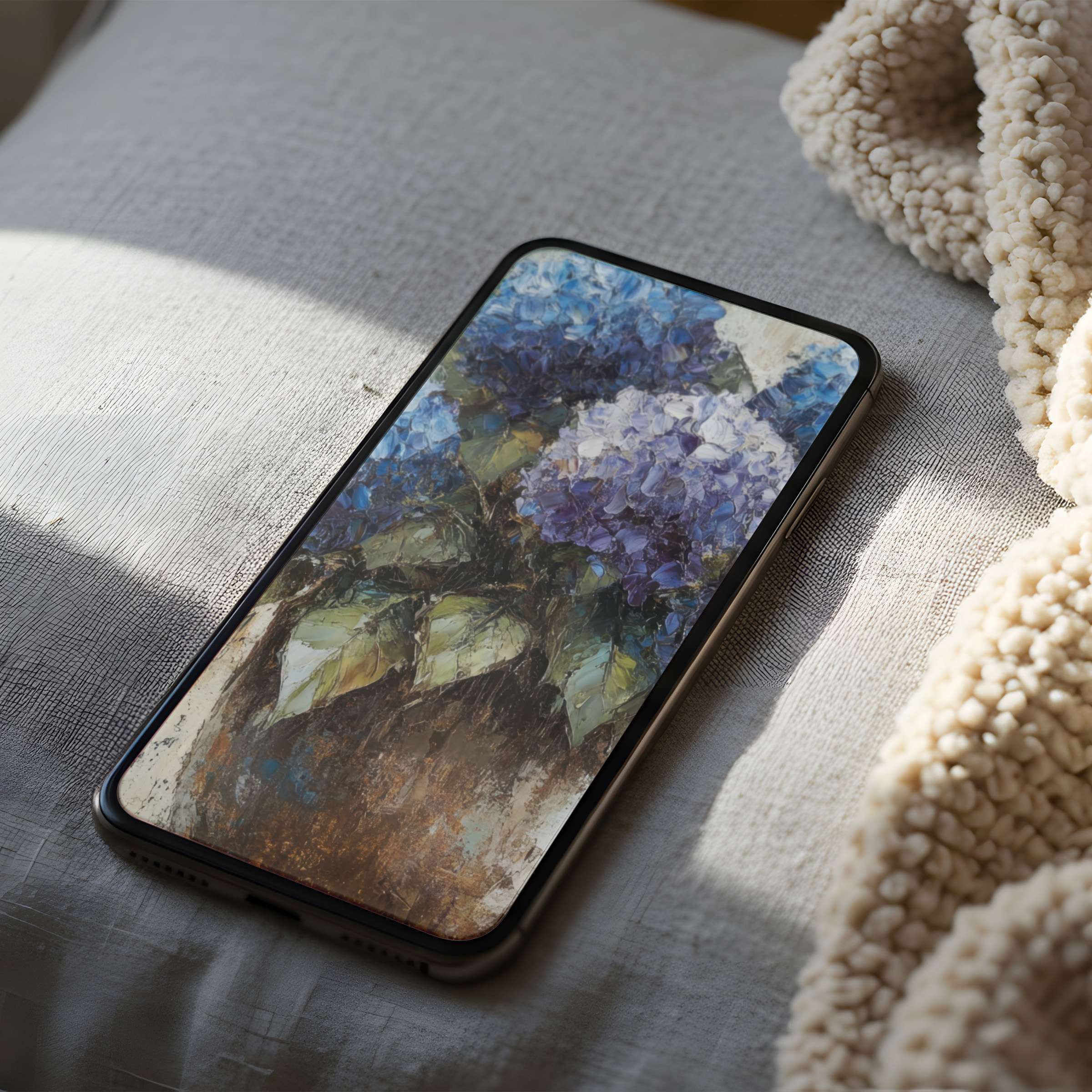 Elegant phone wallpaper featuring serene blue hydrangeas in a high-resolution digital art design for iPhone and Android phones download