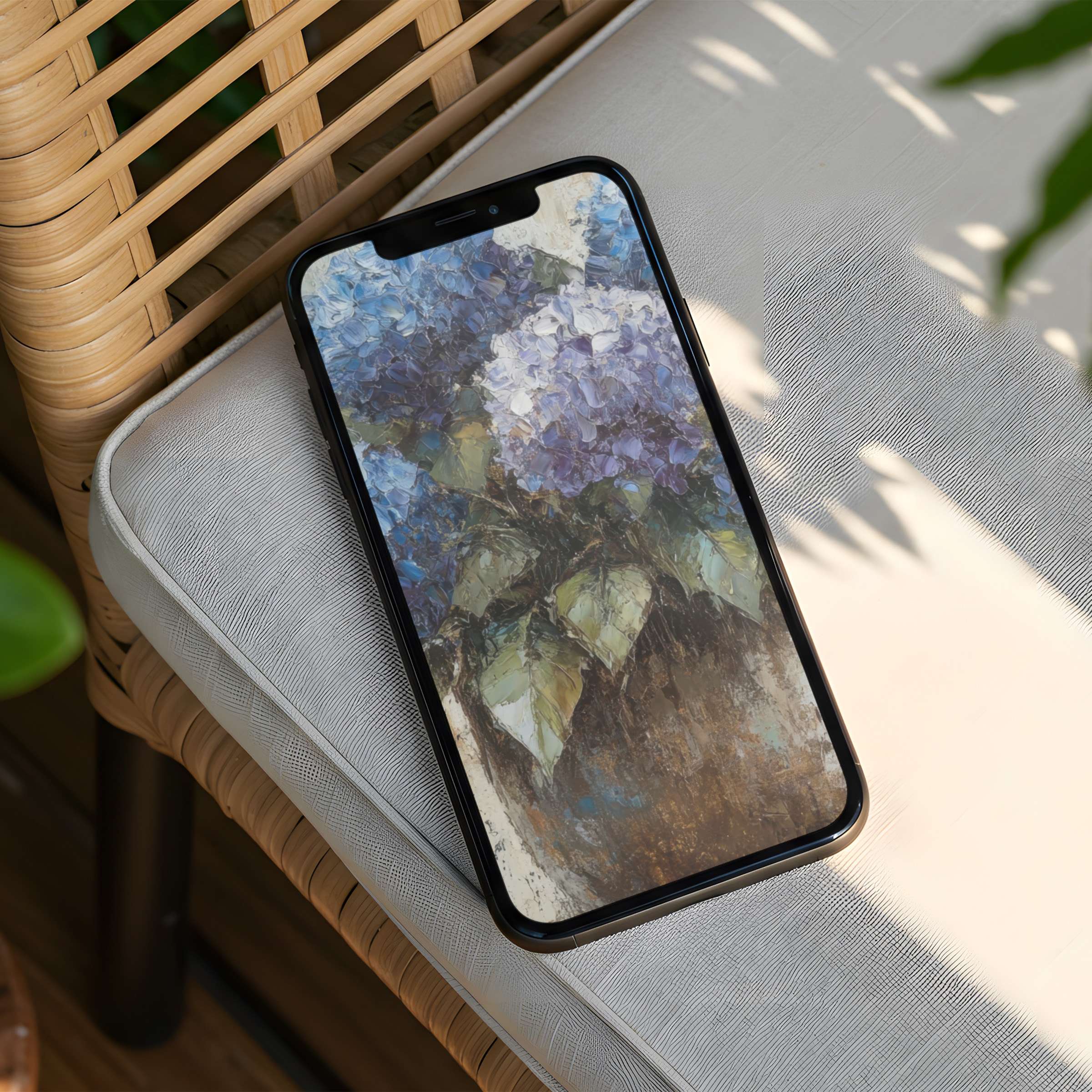 Elegant iPhone background with serene hydrangea art, ideal for mindful moments, available as instant download for any phone