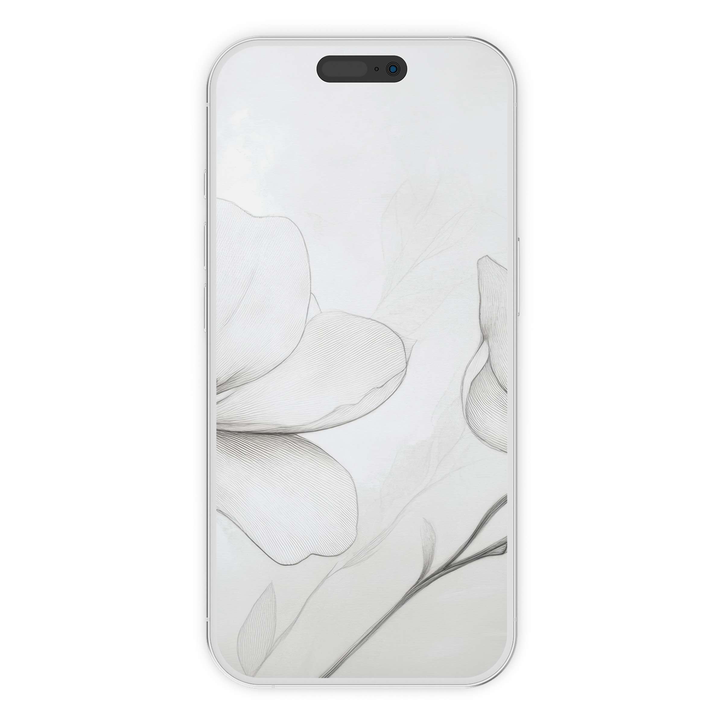 Elegant floral iPhone wallpaper with soft monochrome petals offers a calming phone background for digital download and versatility