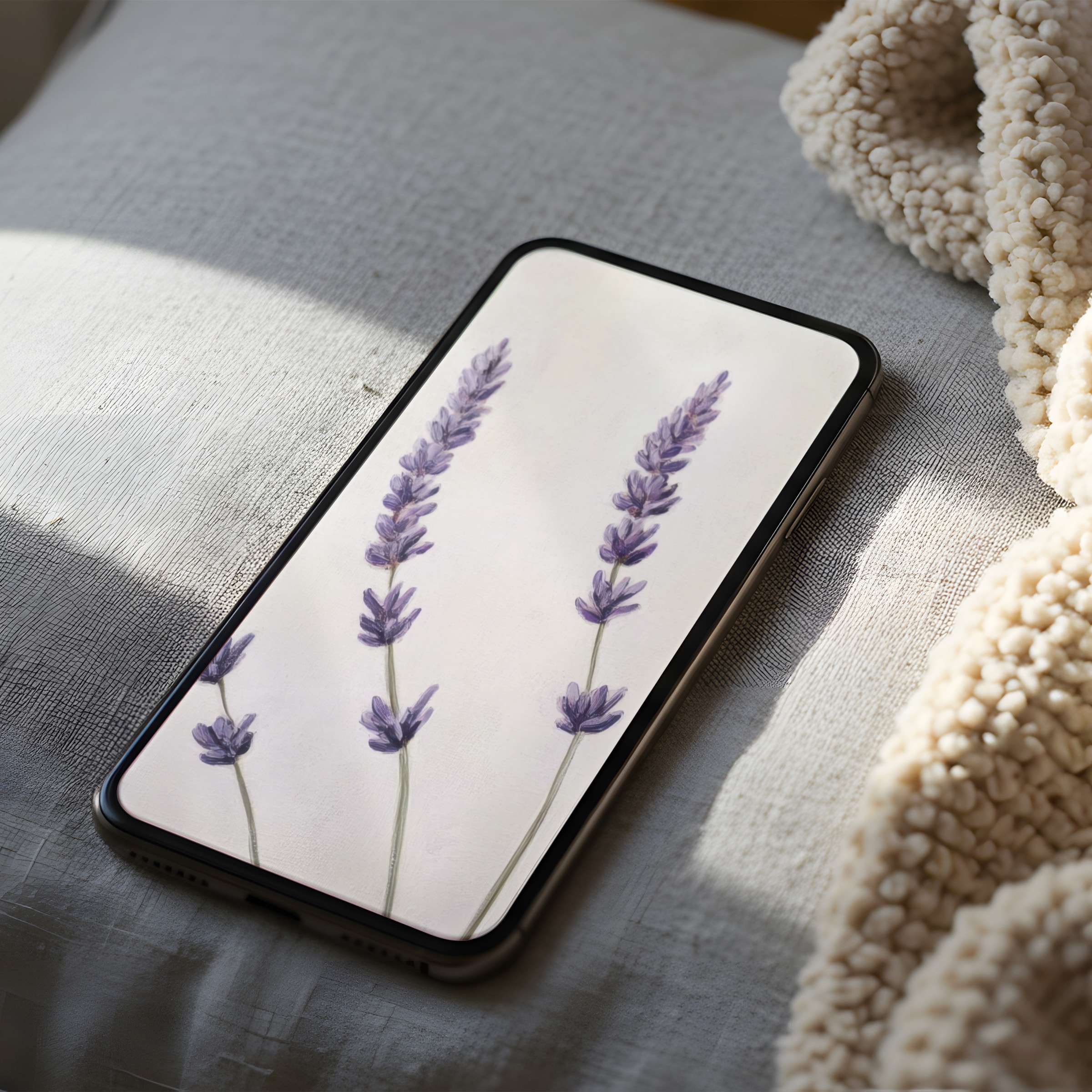 Lavender motif phone wallpaper in high resolution exudes calm elegance on cushioned surface suitable for iPhone and Android users