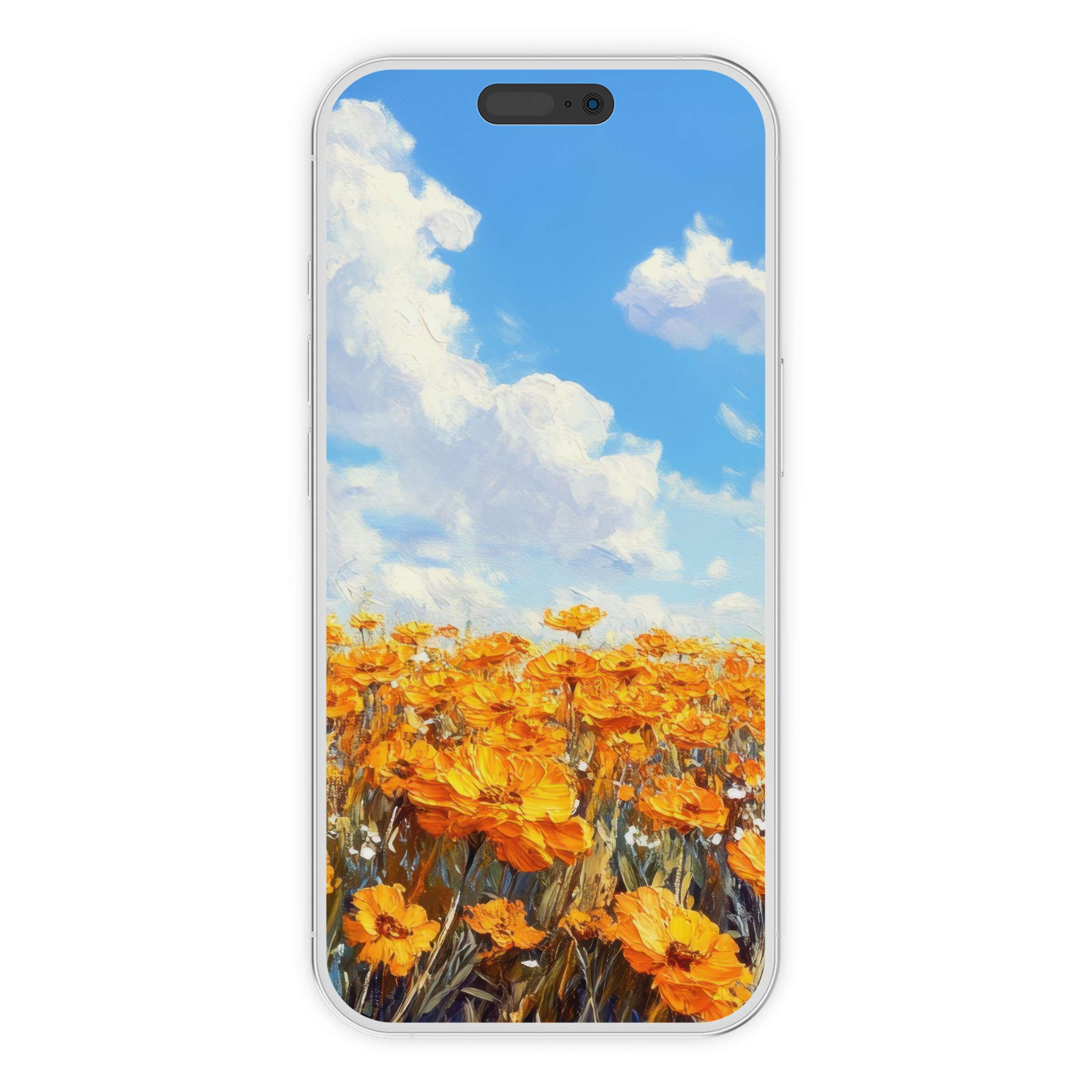 Vibrant floral iPhone wallpaper featuring a lush field of orange flowers beneath a bright sky ideal for phone background digital download