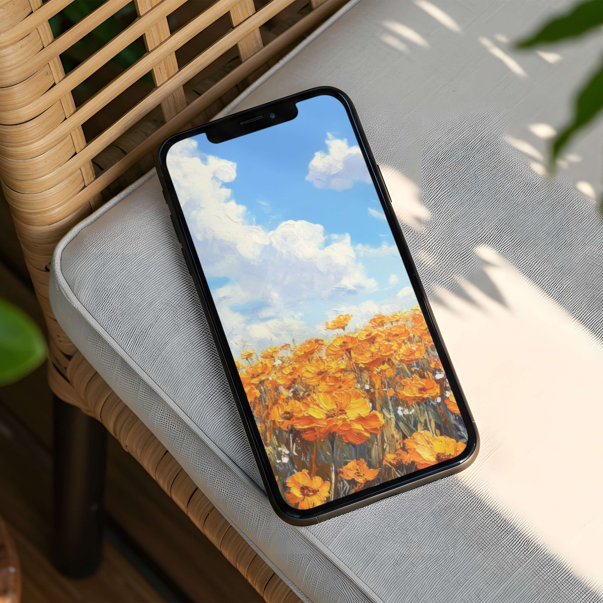 Vibrant iPhone background with golden flowers against a serene sky offers calm elegance for instant download on any phone