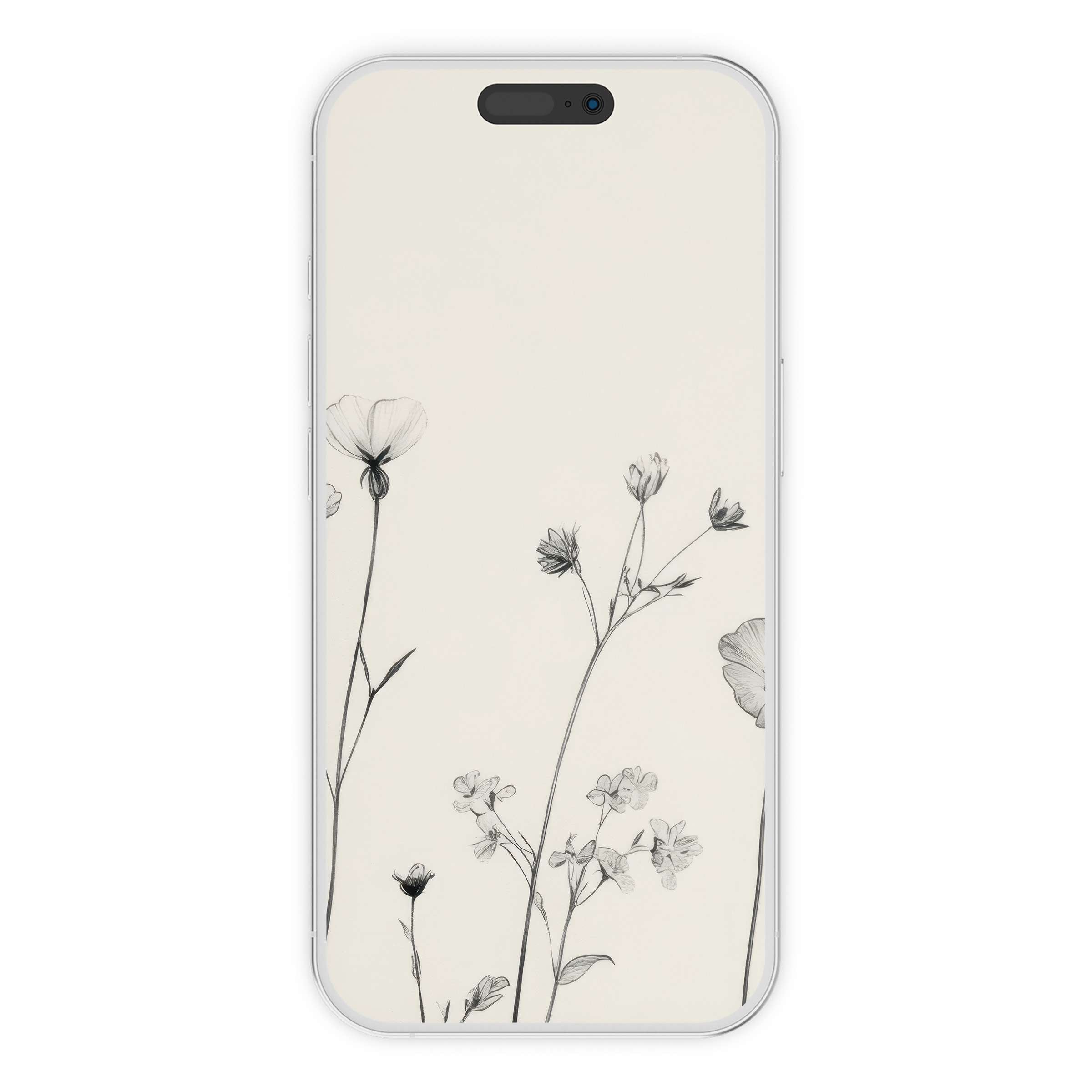 Elegant floral iPhone wallpaper as digital download, featuring monochrome botanical sketches for a serene, stylish phone background