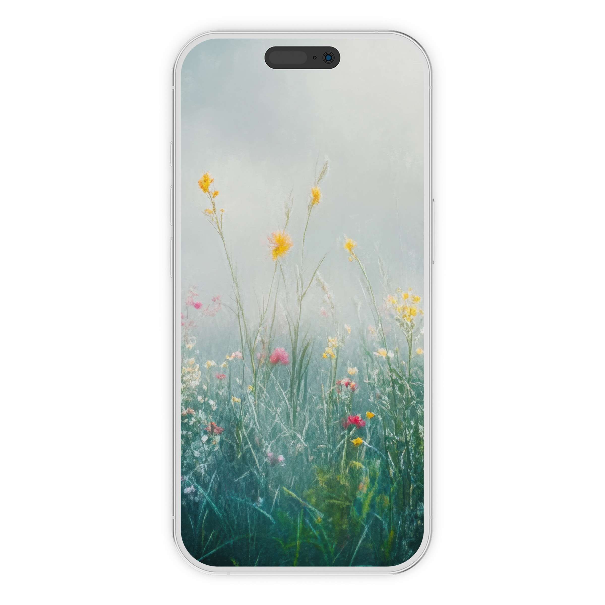 Floral iPhone wallpaper featuring serene wildflowers on a misty background, perfect digital download for calming phone aesthetics