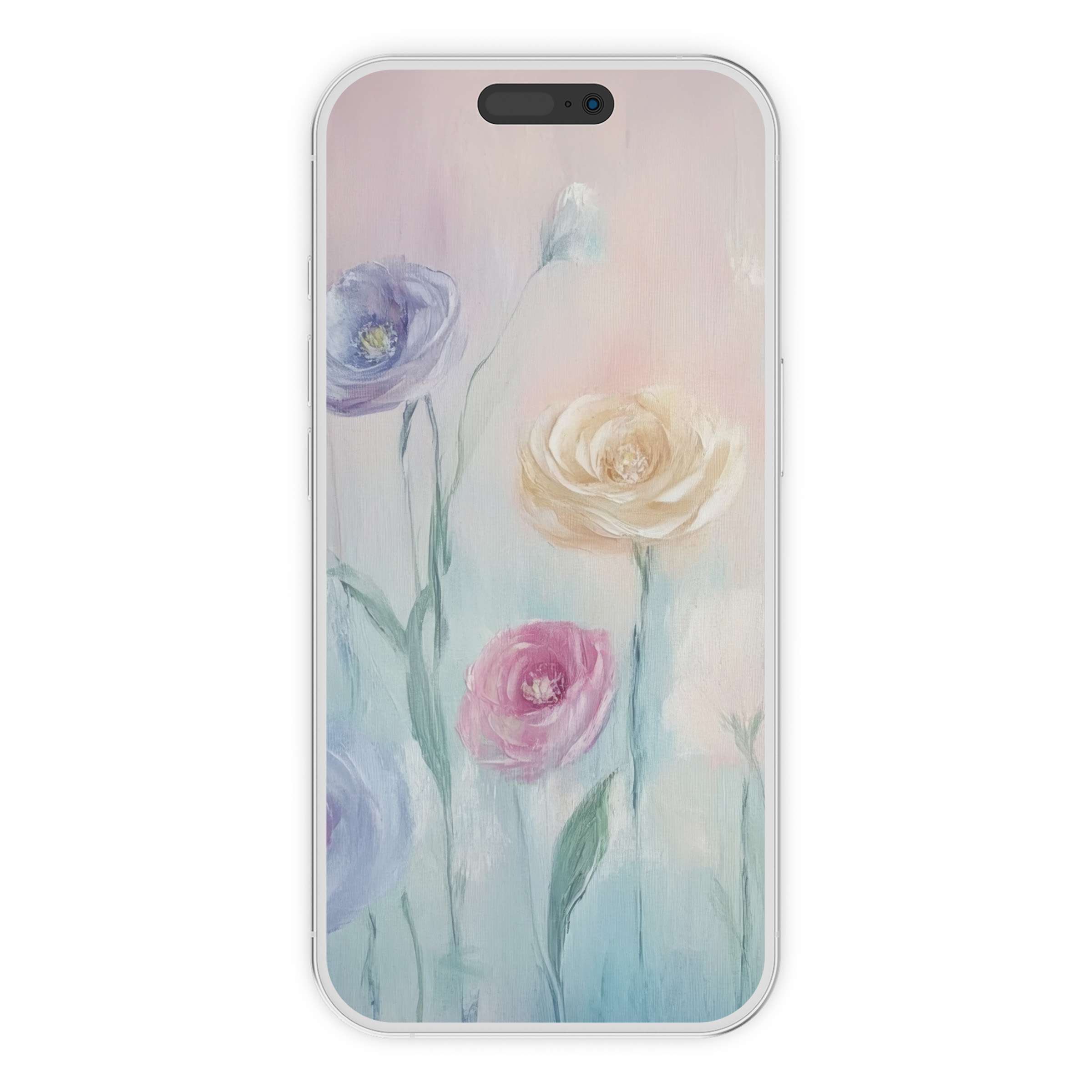 Elegant floral iPhone wallpaper with pastel blooms; digital download for serene phone background; perfect for iPhone and Android users