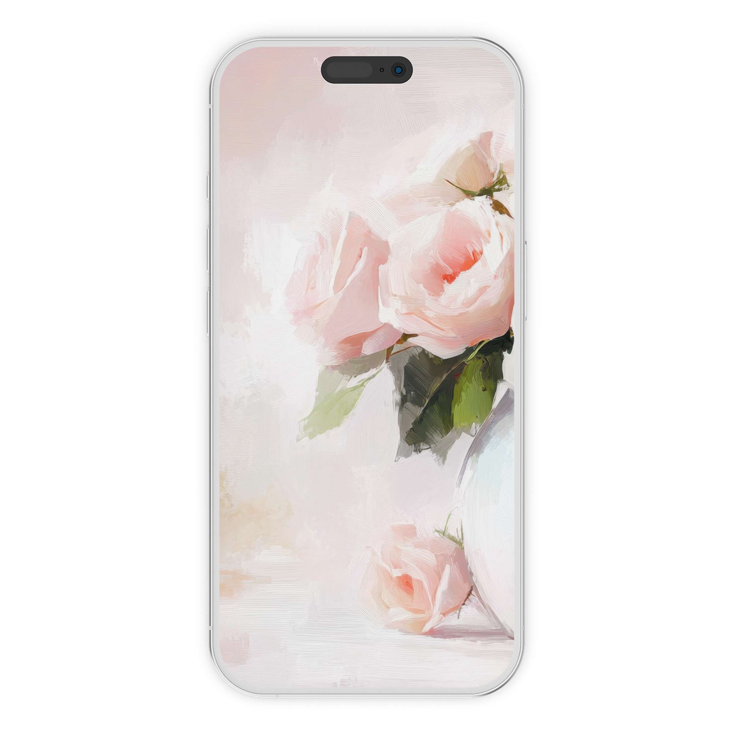 Elegant floral iPhone wallpaper with soft pink roses in a painterly style, perfect phone background digital download for tranquility