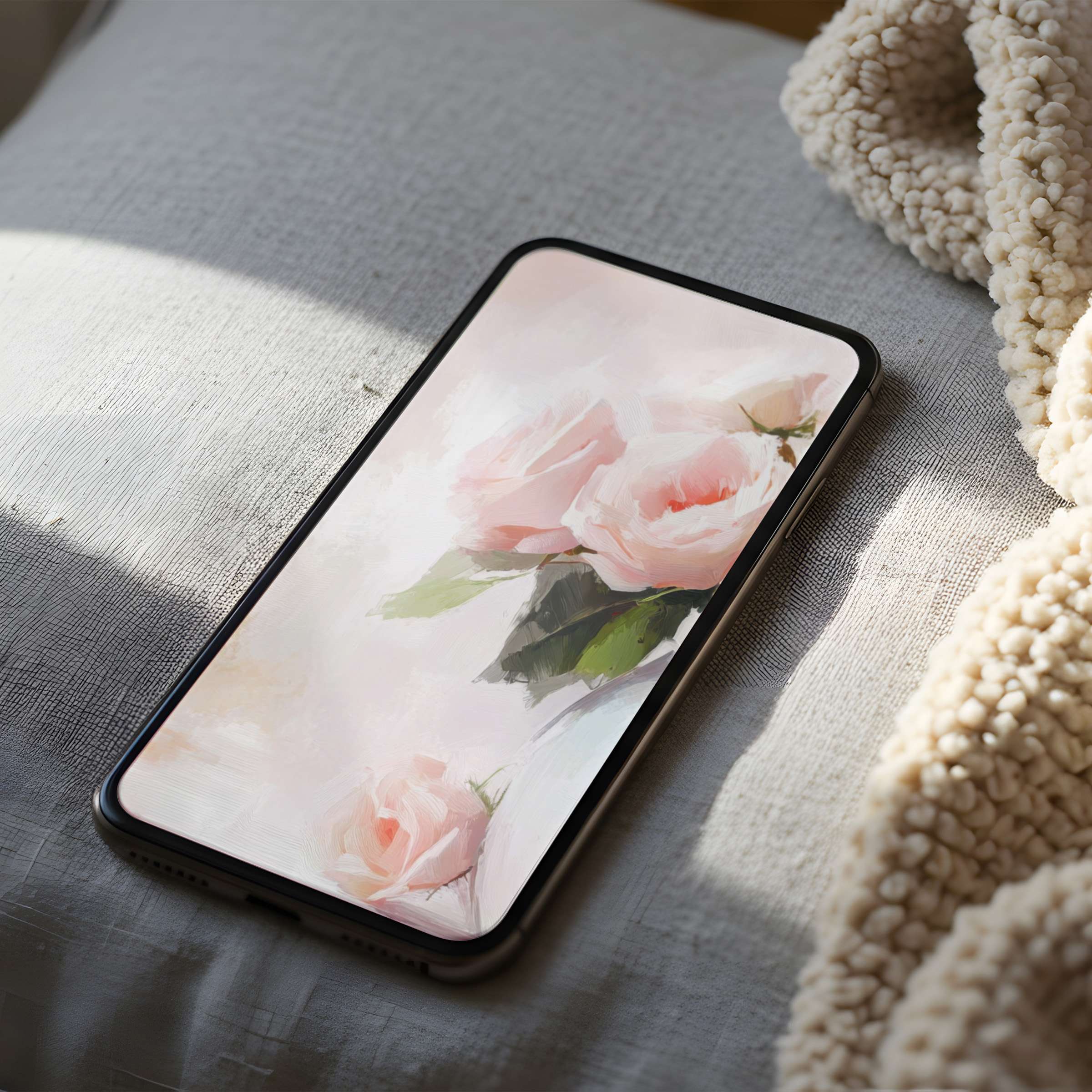 Elegant phone wallpaper featuring soft pink roses in high resolution, ideal for iPhone and android phones, calming digital download