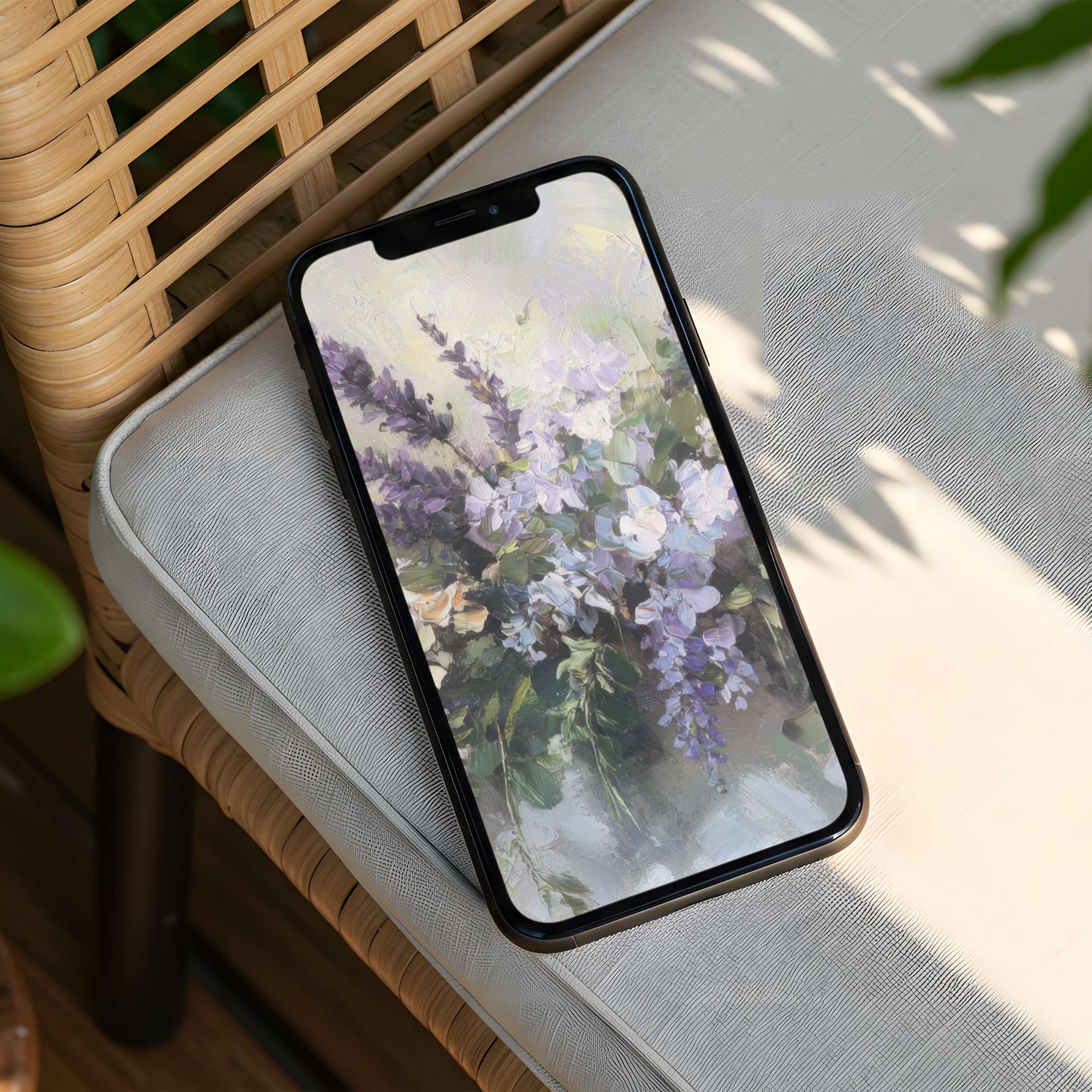 Serene lavender floral iPhone background on rustic wicker creates calm elegance instant download for phone mindfulness and style