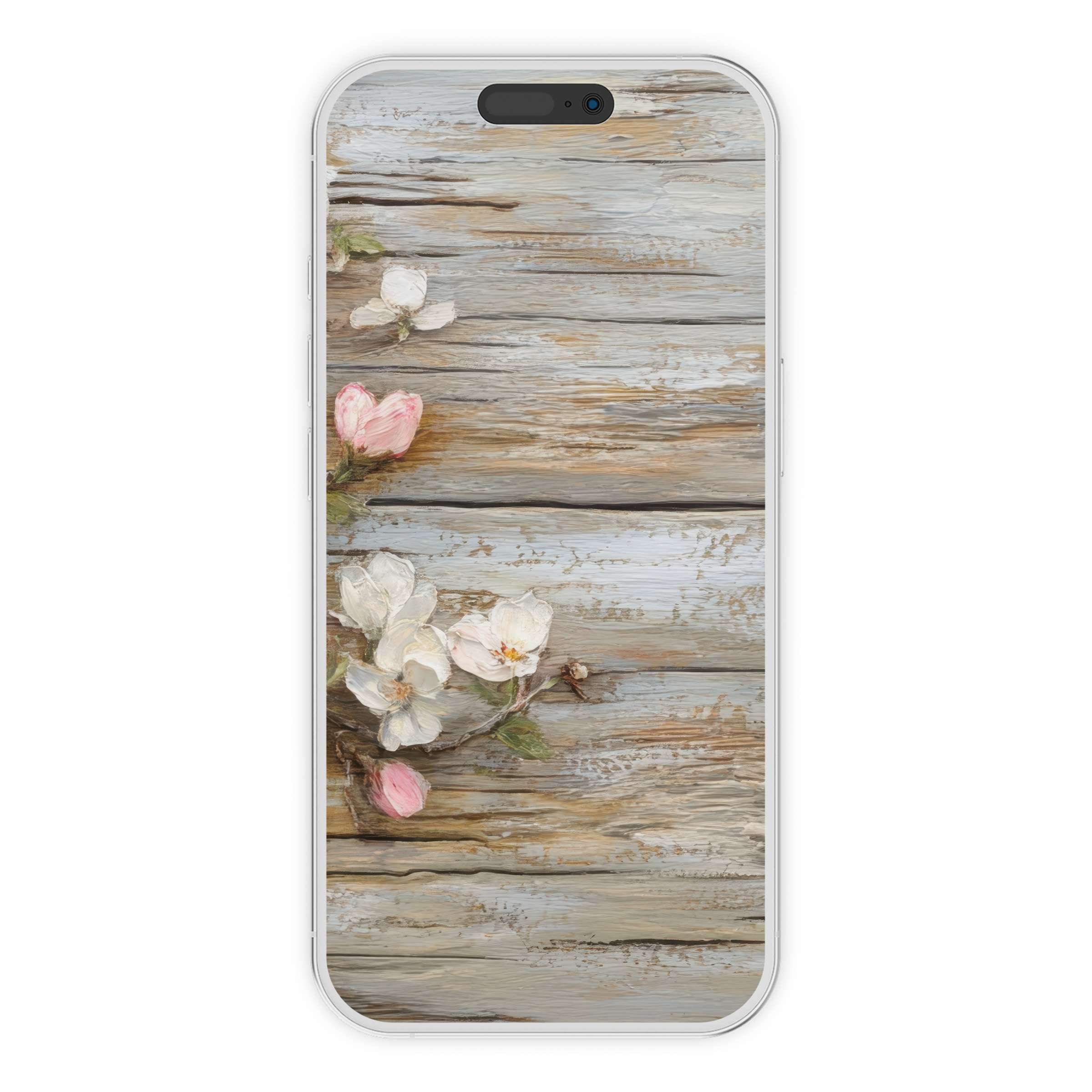 Elegant floral iPhone wallpaper with soft pink and white blossoms on wood, perfect phone background for calm digital download beauty