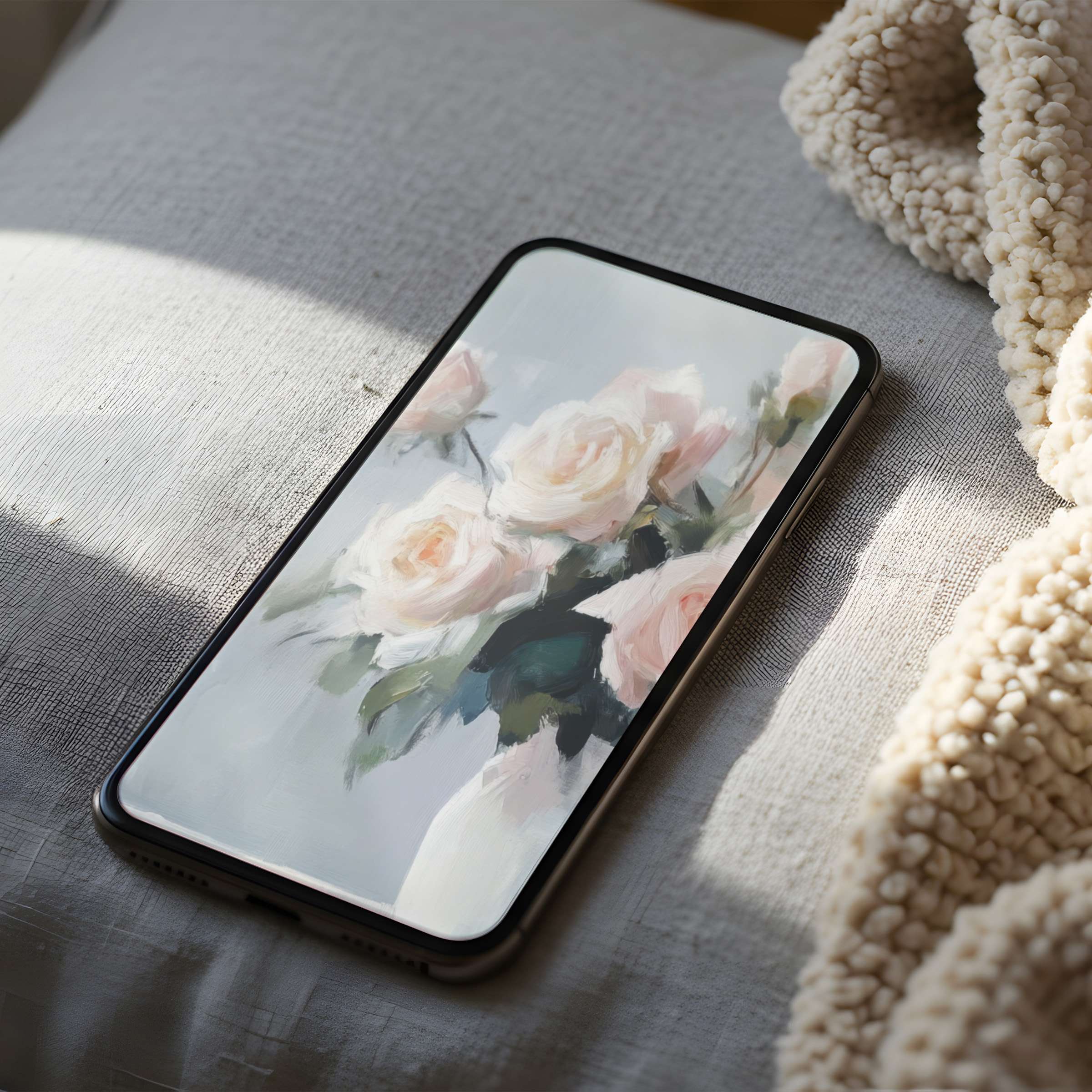 Elegant phone wallpaper featuring pastel roses, perfect for iPhone and Android screens, offering a calm, digital download experience