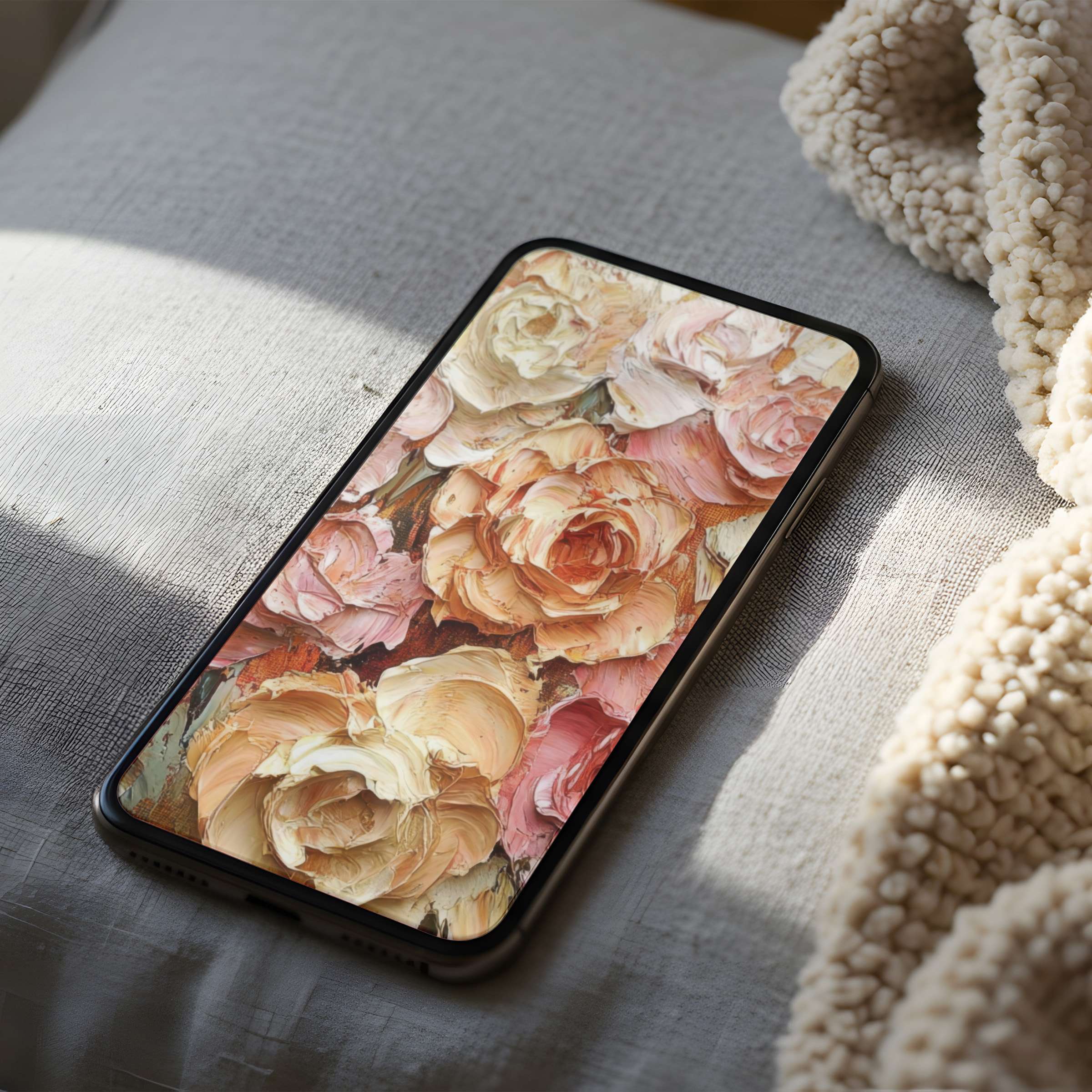 Elegant floral phone wallpaper with soft pastel roses in high resolution, perfect for iPhone and android, enhancing serene spaces