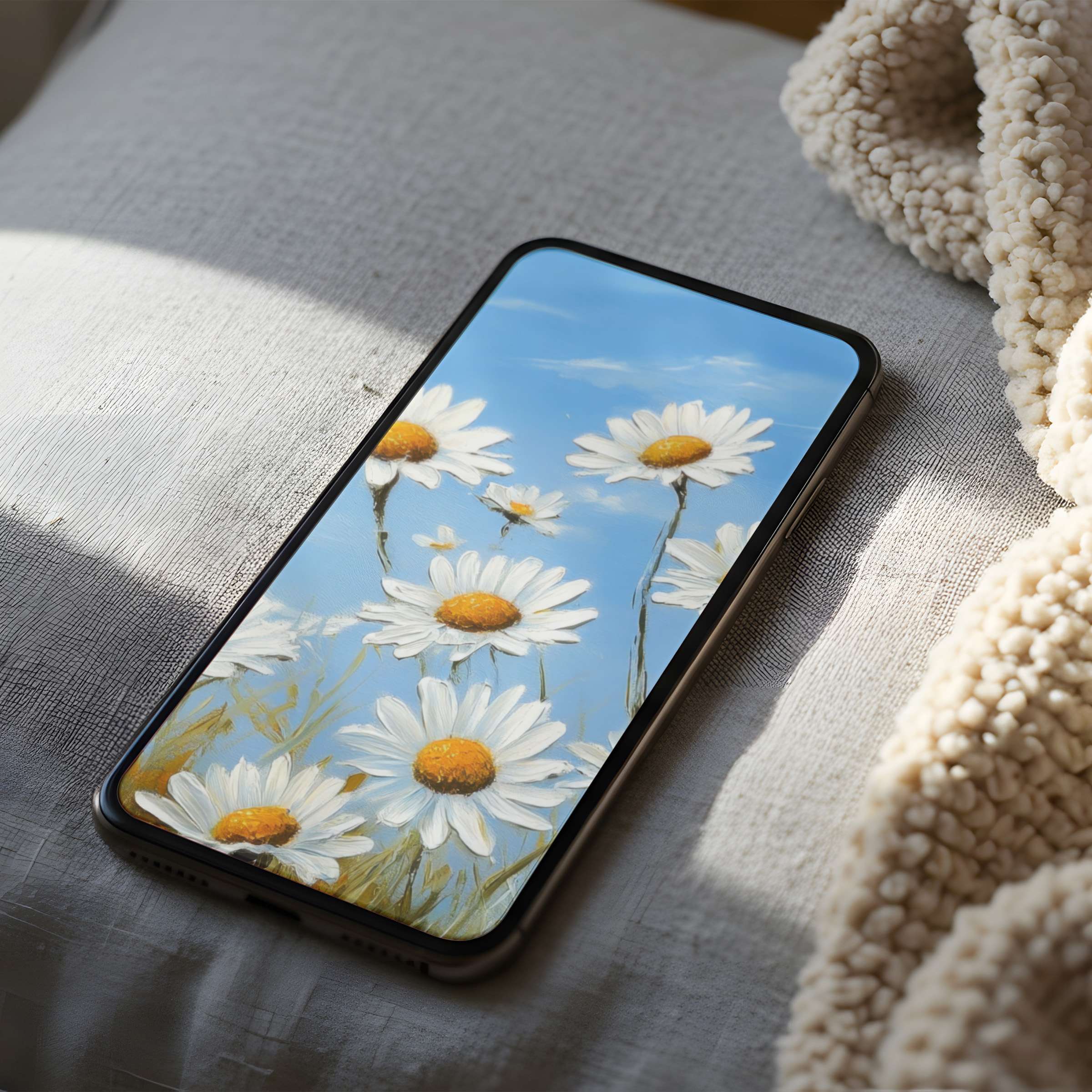 Elegant phone wallpaper featuring daisies against a serene blue sky high resolution art for iPhone and Android digital download