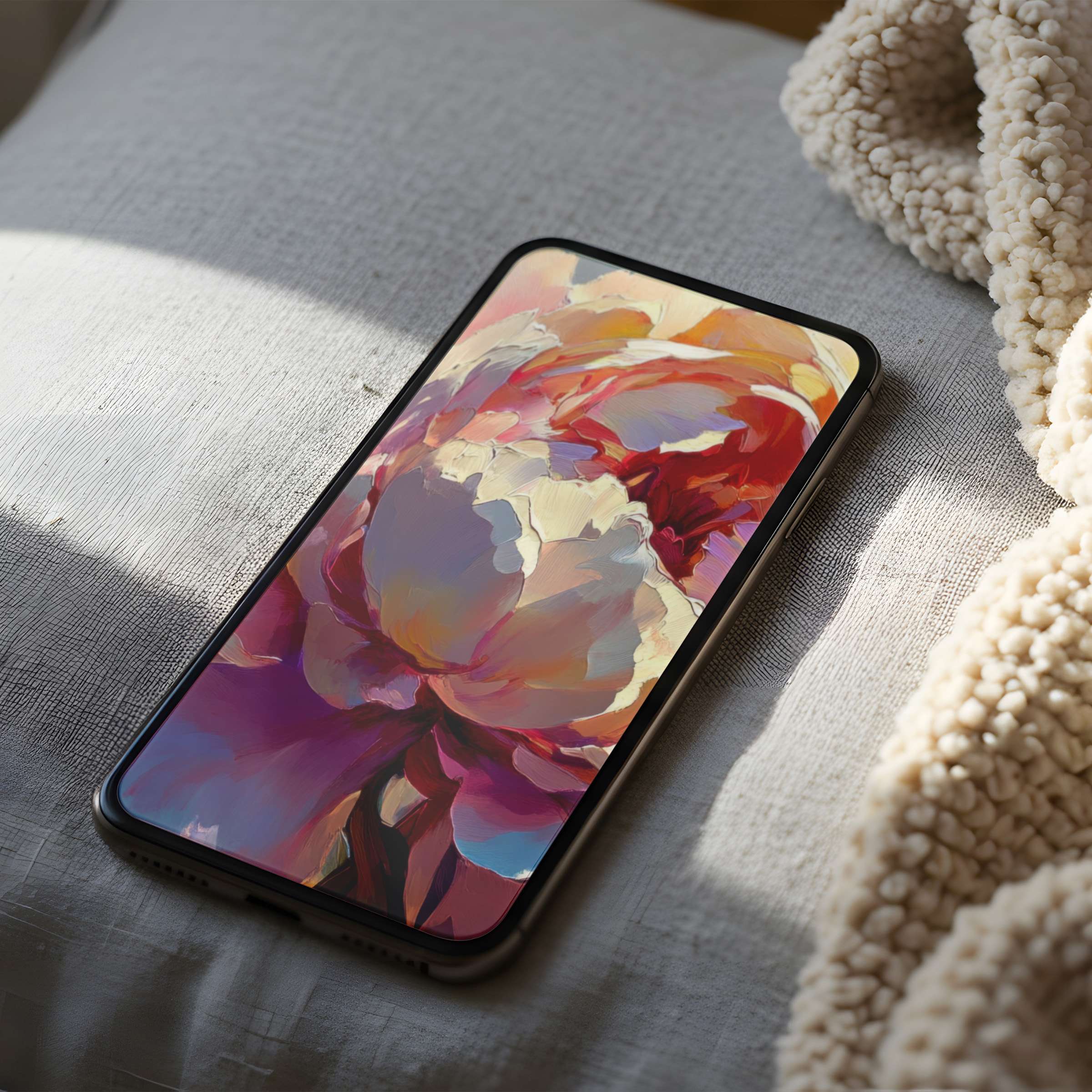 Curated floral phone wallpaper in high resolution, showcasing vibrant peony petals, perfect for iPhone and Android, enhancing any digital space