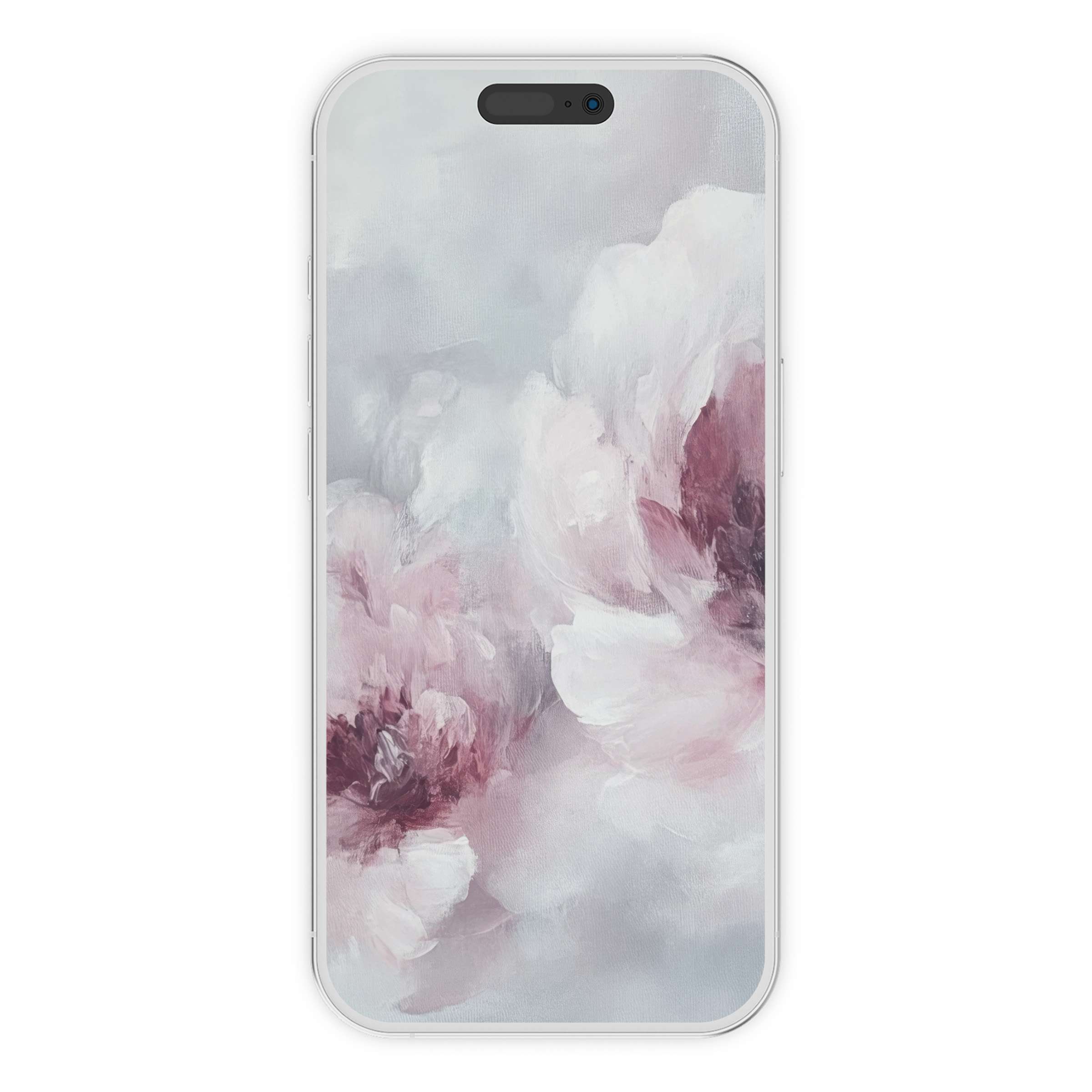 Dreamy pastel floral iPhone wallpaper in soft pink and gray hues, offering a serene digital download phone background