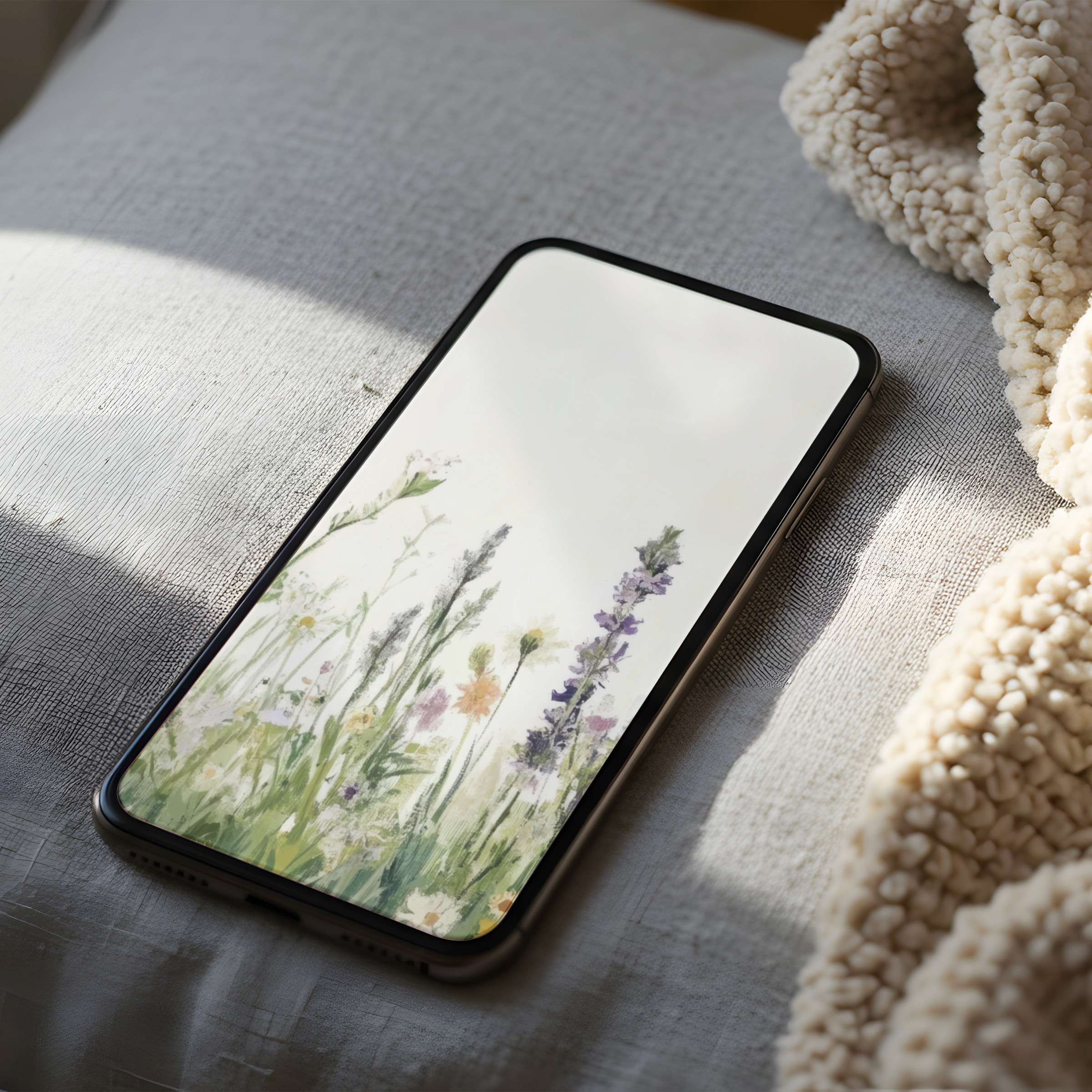 Serene watercolor floral phone wallpaper on textured fabric, offering high resolution for iPhone and android, perfect digital download