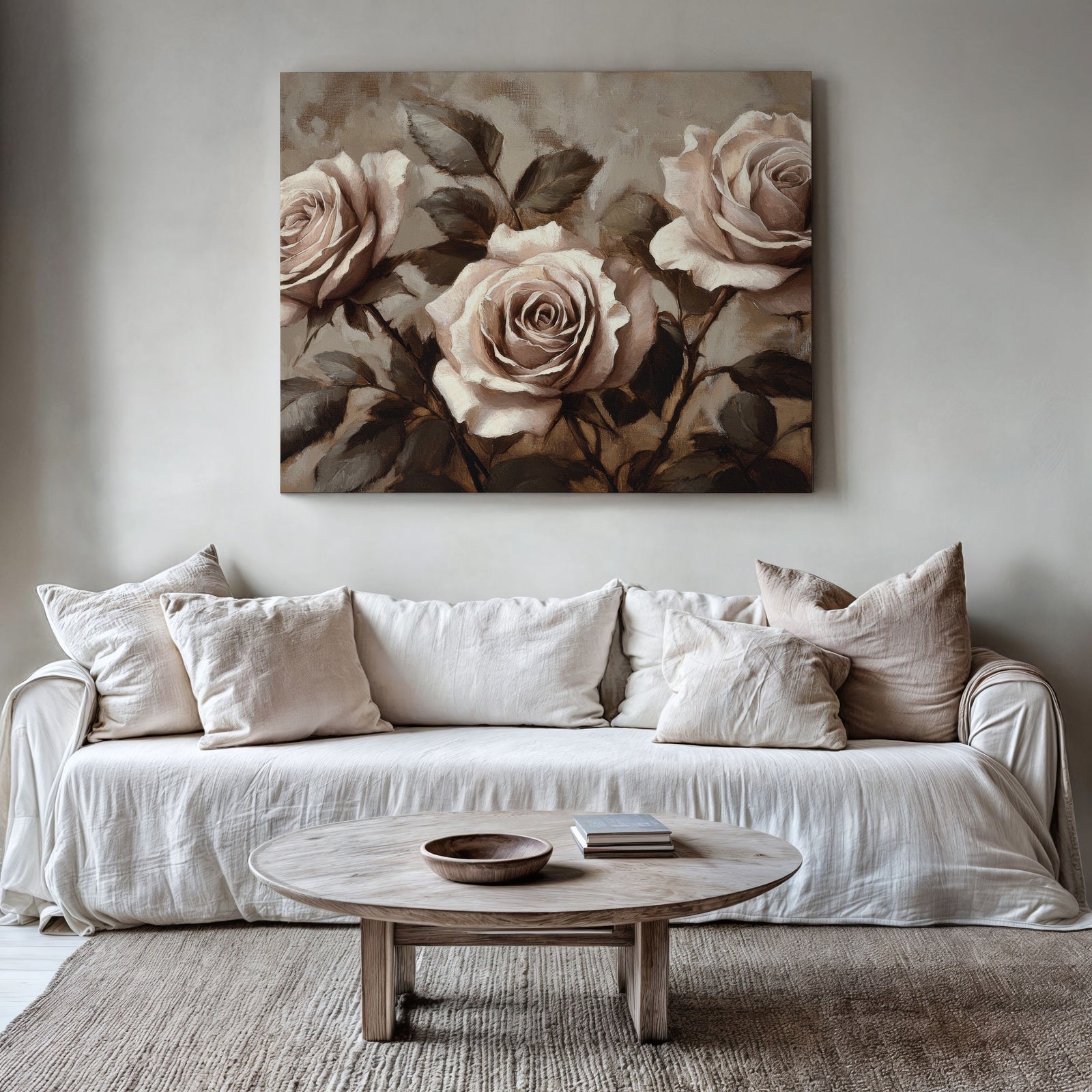 Vintage floral wall art featuring soft beige roses with textured painterly details, styled above a neutral modern sofa - calming printable artwork for elegant and timeless home decor