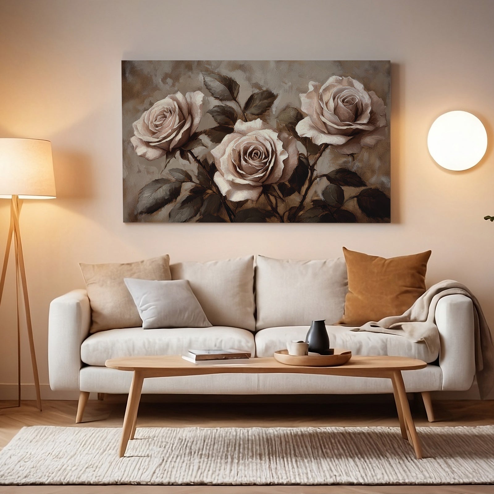 Floral digital art print featuring three elegant beige roses with dark green leaves, displayed above a cozy beige sofa in a softly lit modern living room with warm, earthy tones