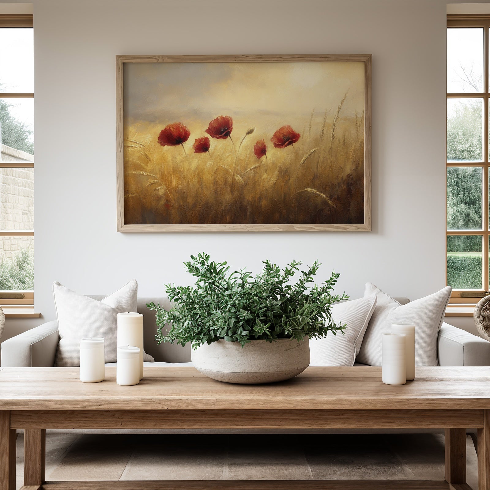 Floral printable wall art featuring red poppies swaying in a golden field under soft sunlight, adding warmth and natural charm to a bright modern living room