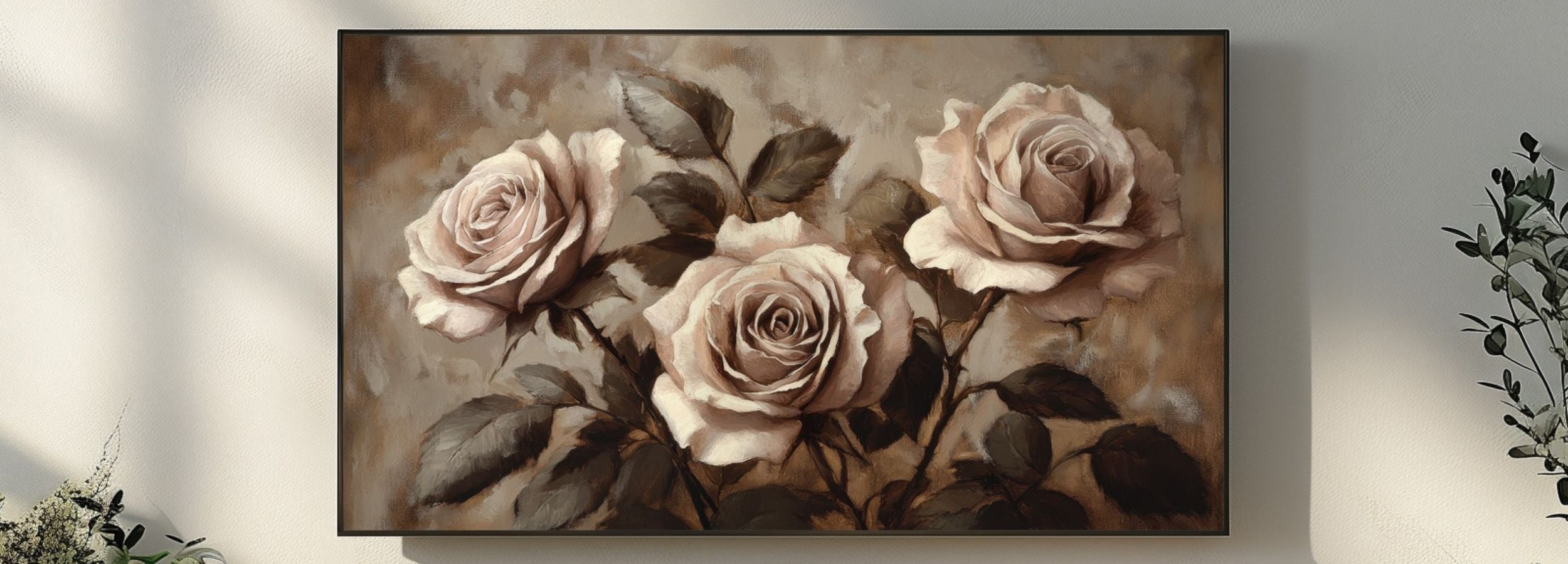 Vintage floral digital painting of three soft beige roses with textured botanical leaves, elegant neutral wall art for Samsung Frame TV decor