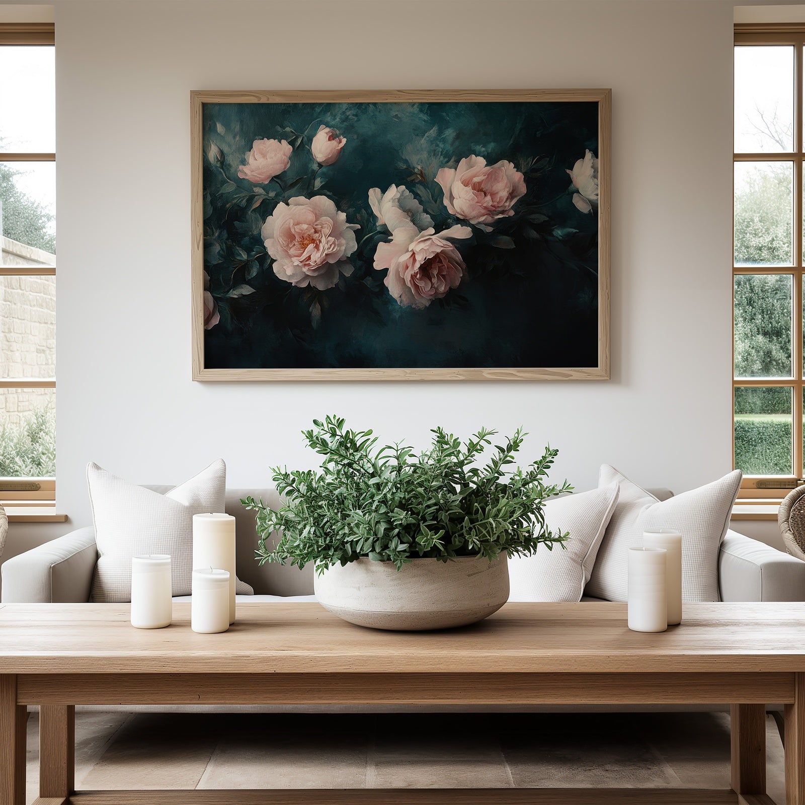Elegant floral printable wall art featuring soft pink roses on a deep teal background, adding romantic, timeless beauty to modern home decor – instant digital download by Gallery Flair
