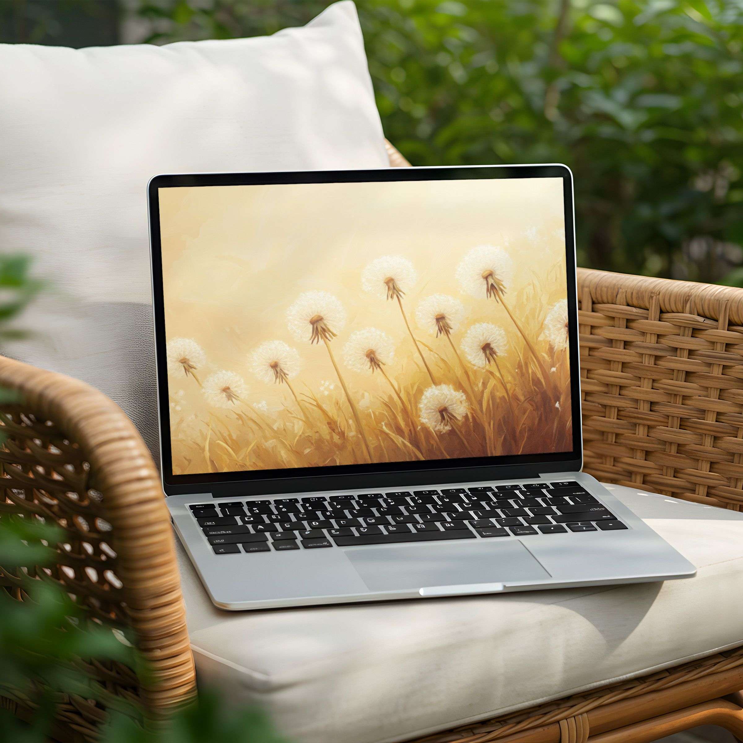 Floral desktop wallpaper featuring dreamy golden dandelions glowing in soft sunlight, displayed on a laptop in a cozy outdoor setting - perfect for creating a warm and inspiring workspace