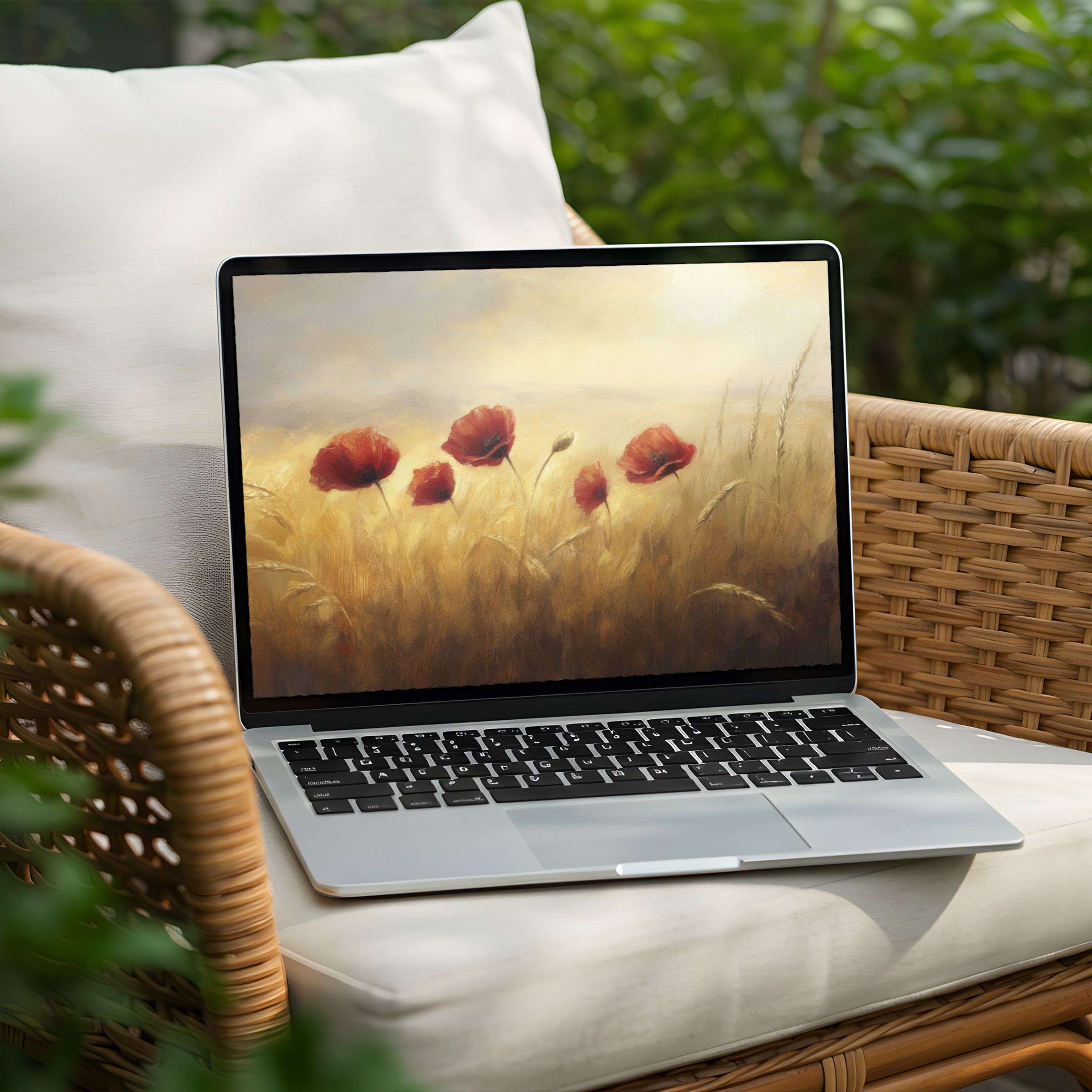 A floral desktop wallpaper featuring vibrant red poppies swaying in a golden field under soft morning light. This elegant digital artwork blends warmth and serenity, bringing natural beauty and inspiration to your modern workspace