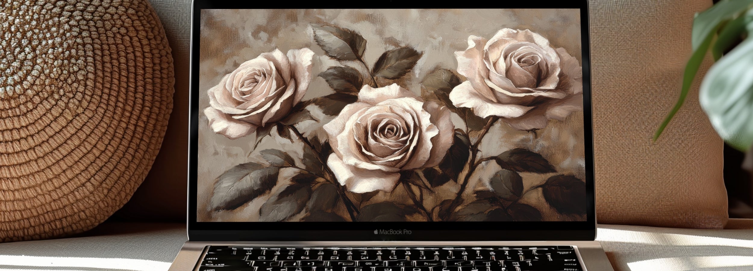 Floral wallpaper for computer featuring soft beige roses painted in a classic, textured style - designed to bring calm, romance, and natural elegance to your digital workspace