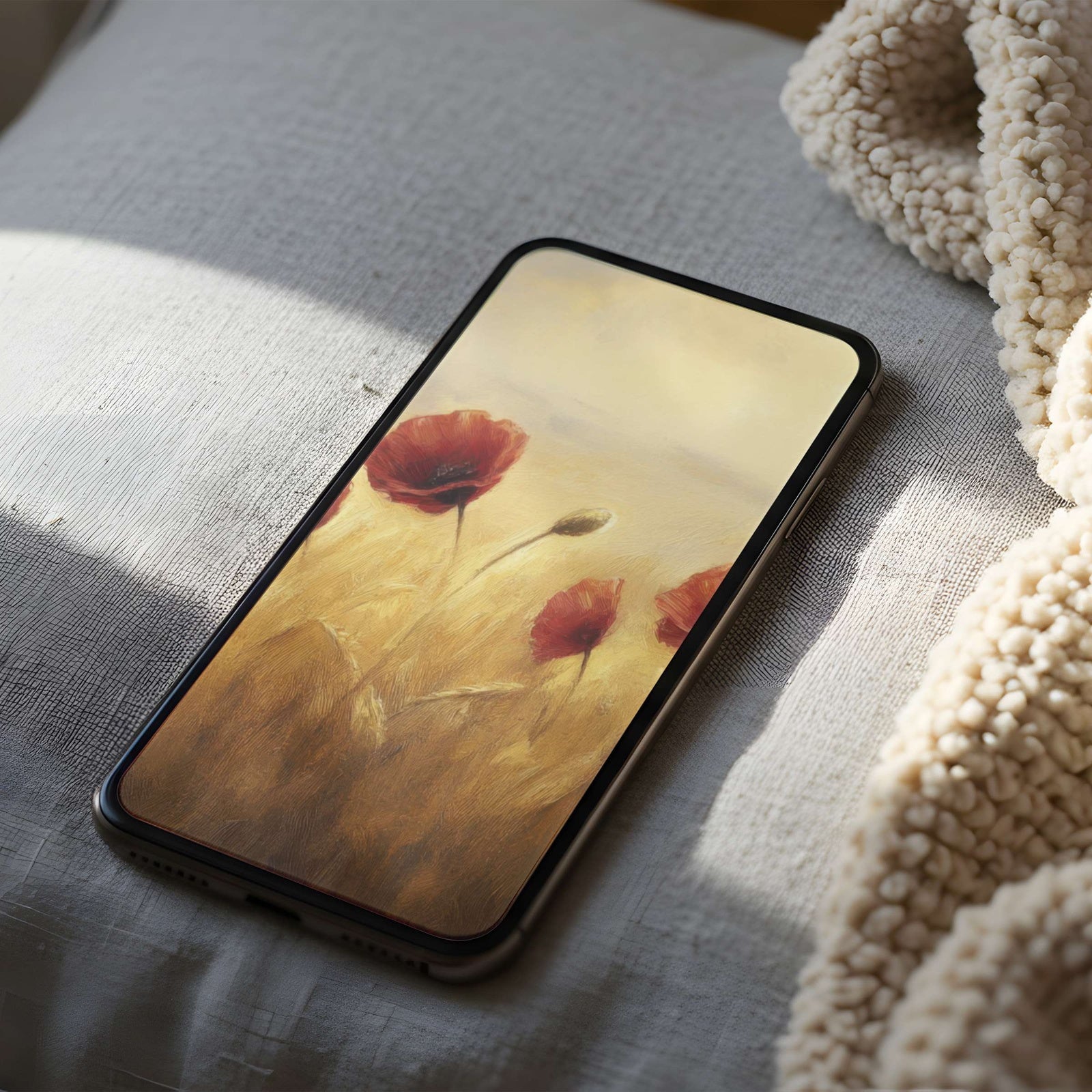Cozy iPhone wallpaper featuring red poppies swaying in a golden field, creating a warm, calm, and romantic natural atmosphere