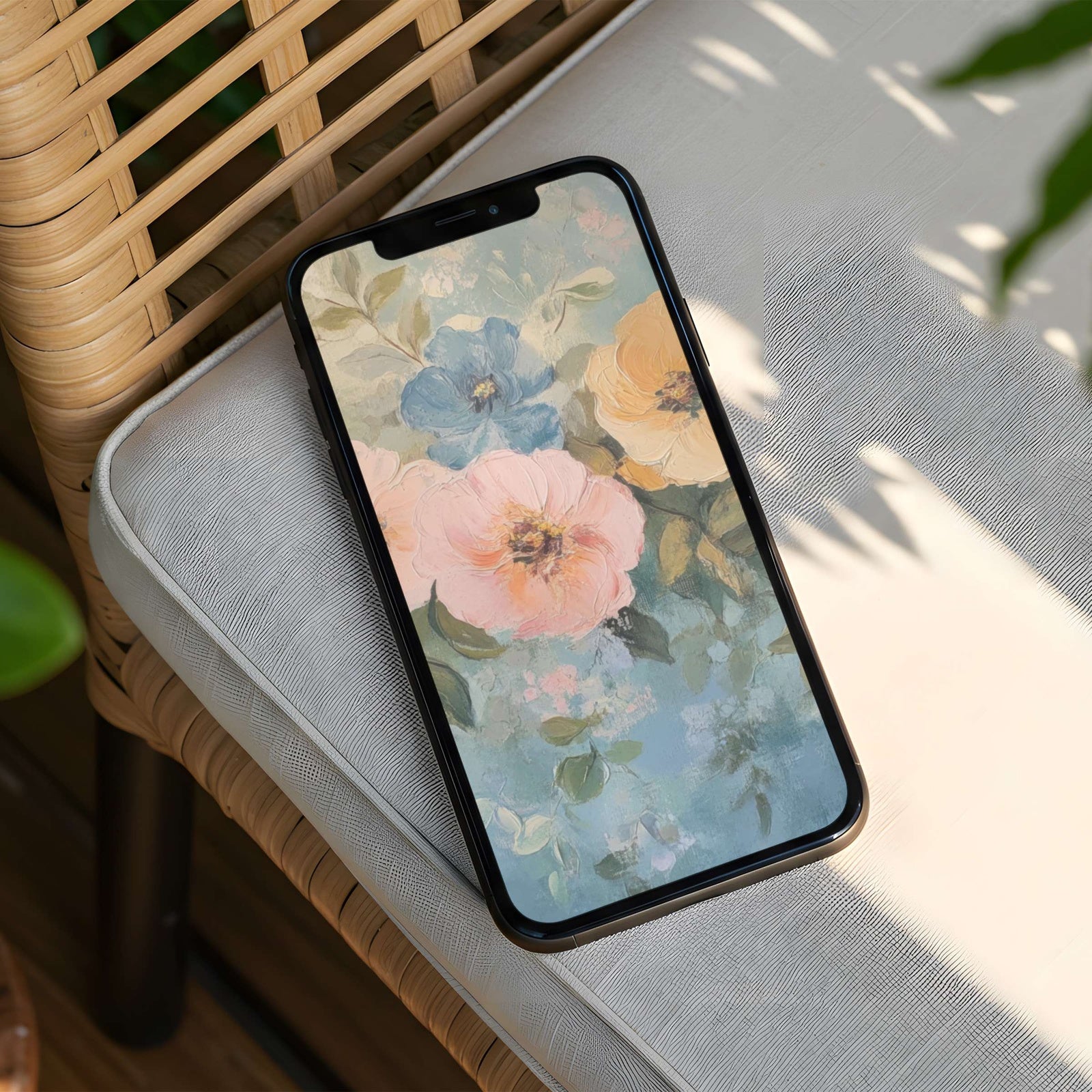 Soft floral iPhone background featuring pastel roses and wildflowers in gentle painterly strokes, creating a romantic, calming, and vintage-inspired look