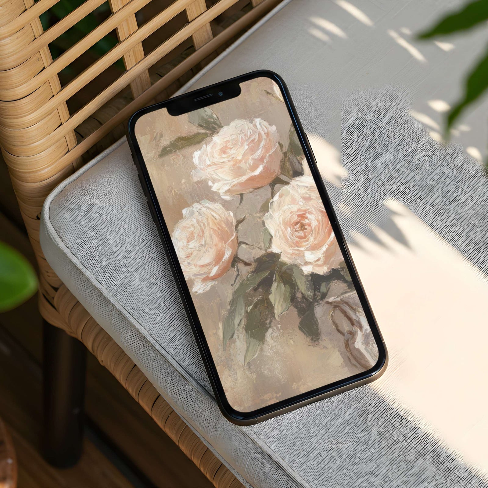 Romantic iPhone background featuring soft vintage roses in warm neutral tones, creating a gentle, elegant, and timeless floral look