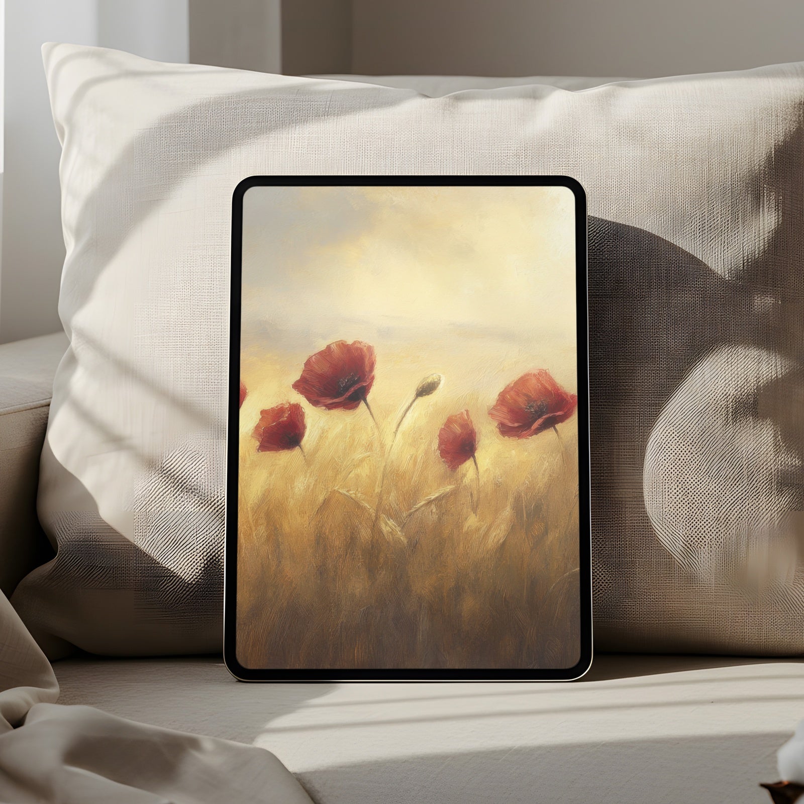 Abstract poppy field iPad wallpaper with warm golden light and soft painterly texture, designed to bring calm and artistic elegance to your digital space