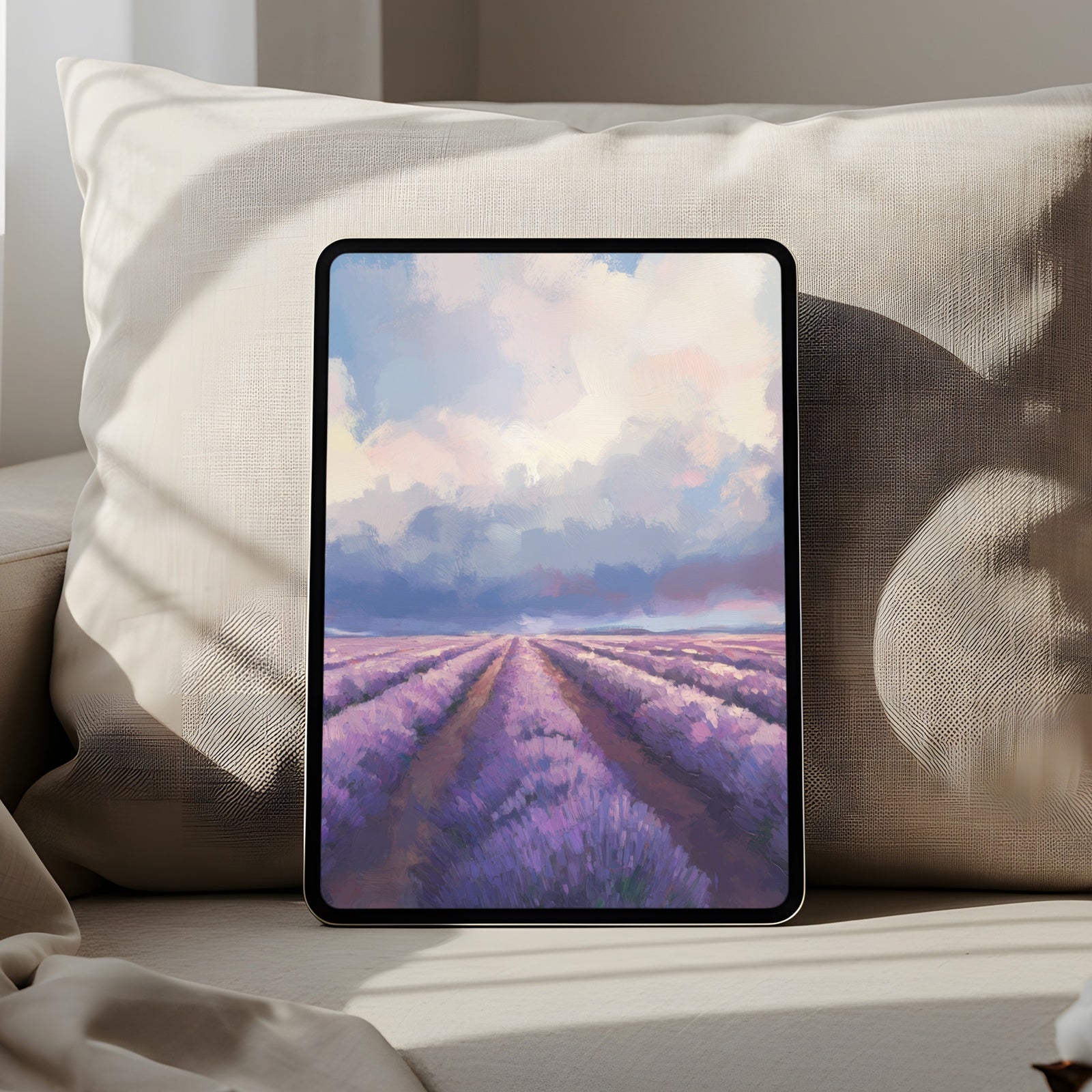 Floral iPad wallpaper featuring a lavender field under a pastel sky, soft and dreamy tablet background that brings serenity, color, and elegant charm to your digital space
