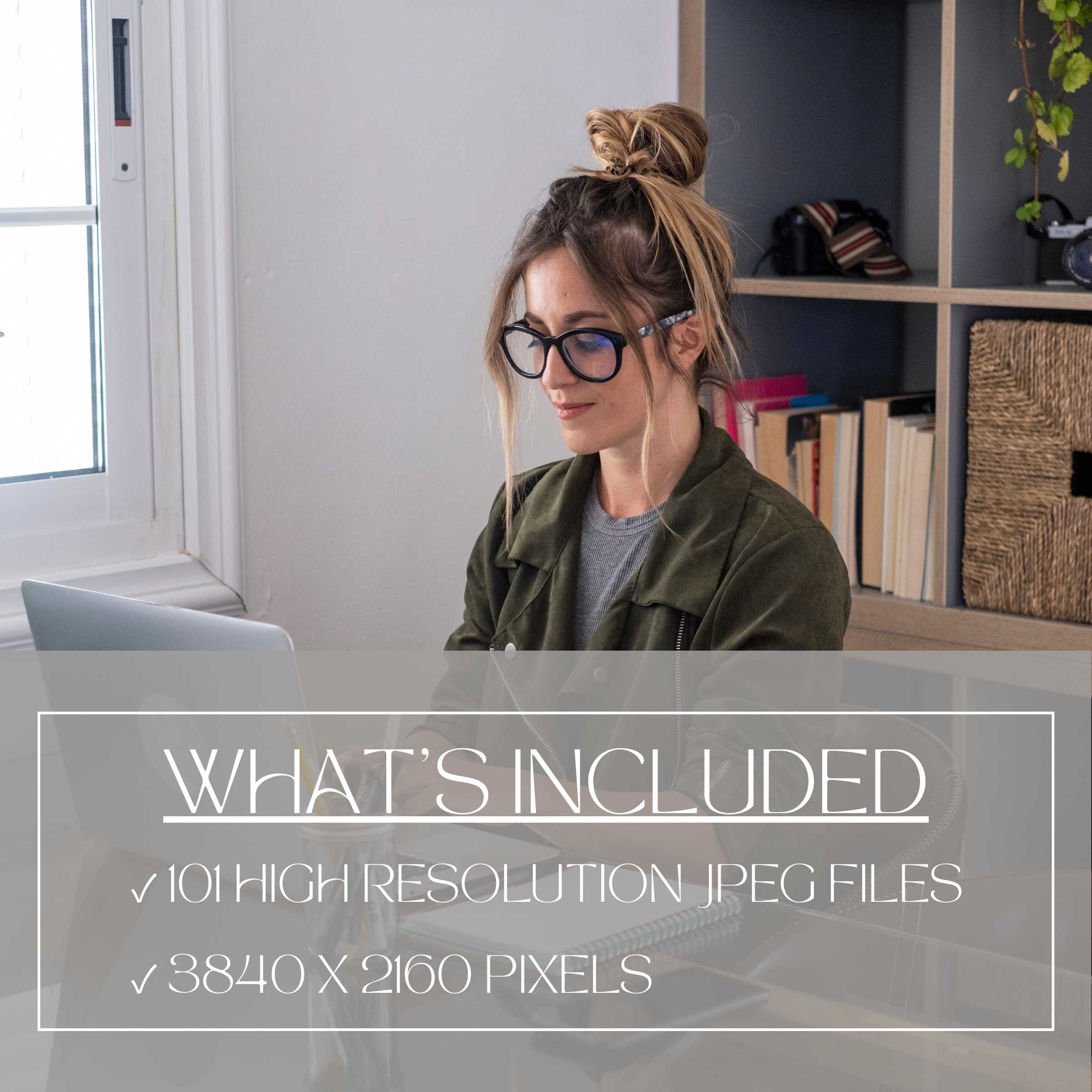 Young woman working on a laptop at home enjoying her Desktop Wallpaper Set – includes 101 high-resolution JPEG files in 4K (3840x2160 pixels) as instant digital download