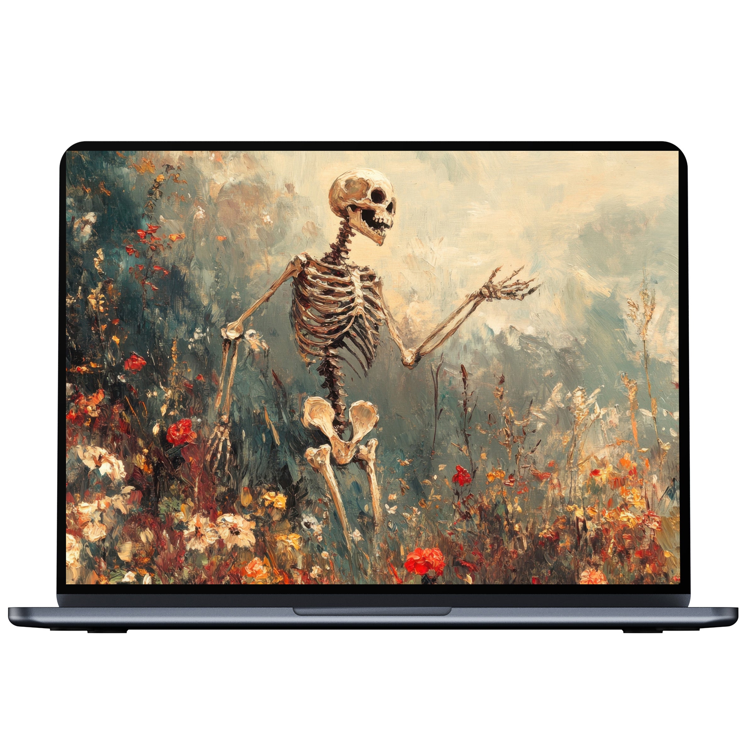 Halloween desktop wallpaper with elegant skeleton art, floral textures for calm inspiration on PC, Mac, or laptop digital download