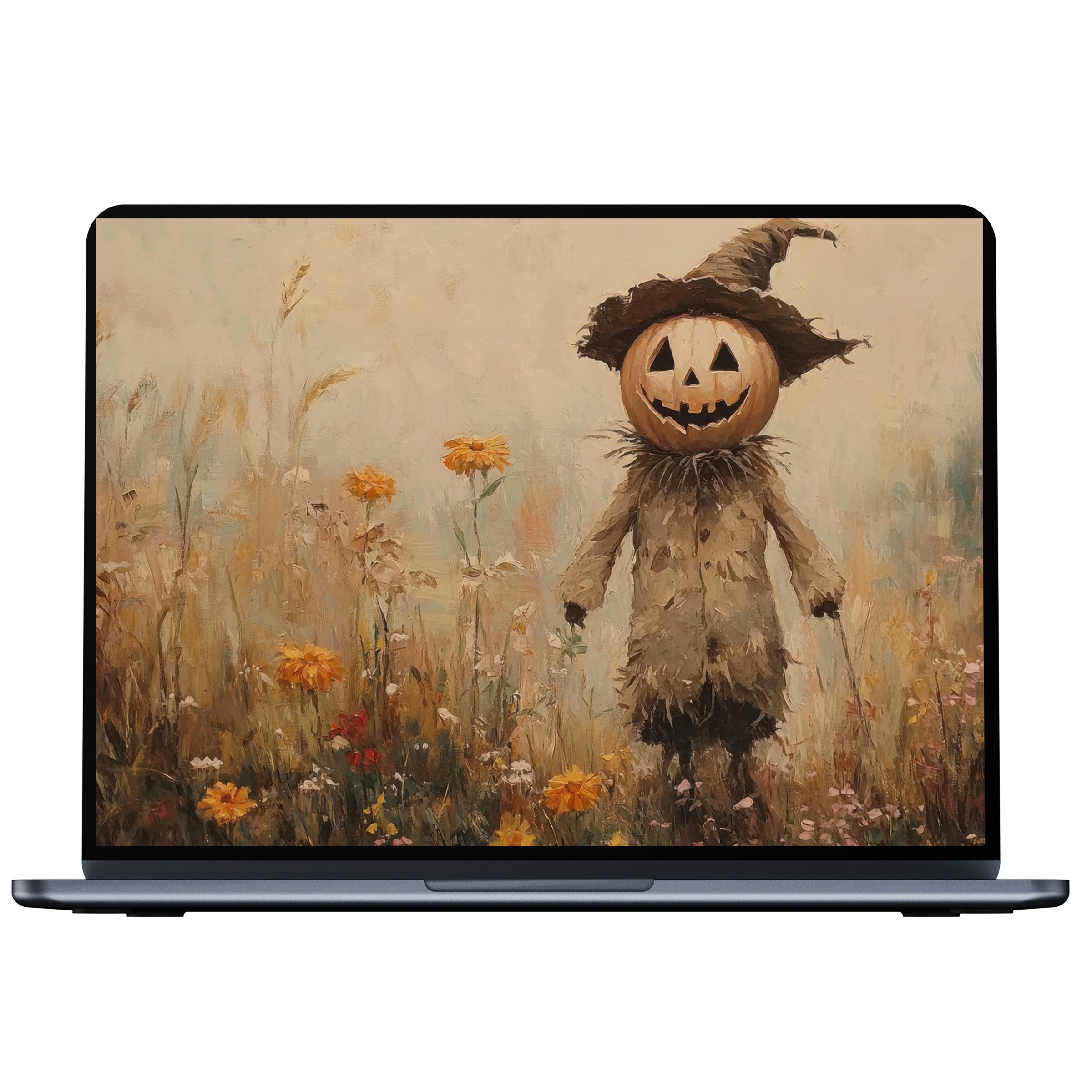 Inspiring halloween desktop wallpaper featuring a serene pumpkin scarecrow in a soft, wildflower field perfect for PC and laptop screens