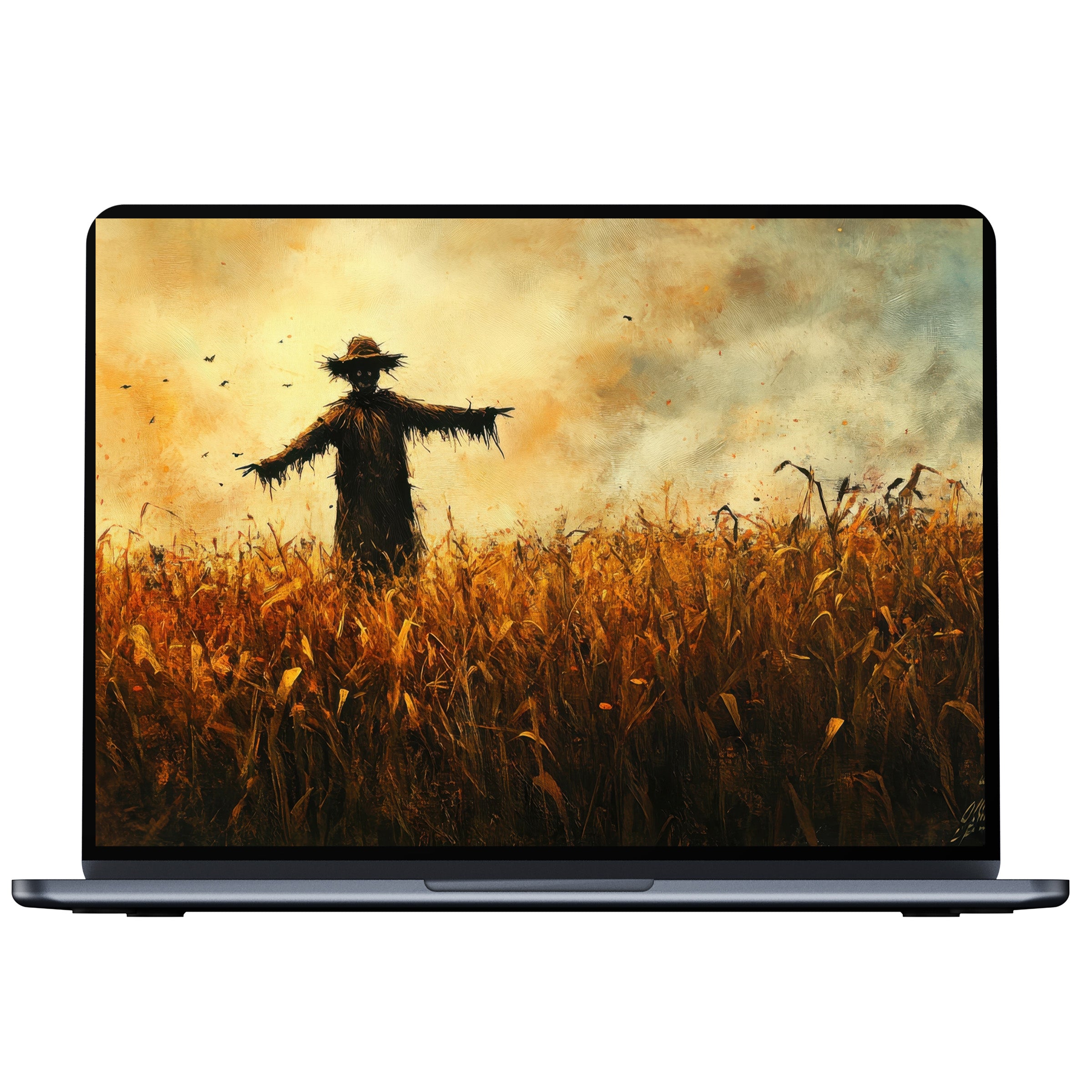 Halloween desktop wallpaper featuring a moody autumn scene with a scarecrow in a golden field for PC and laptop digital download